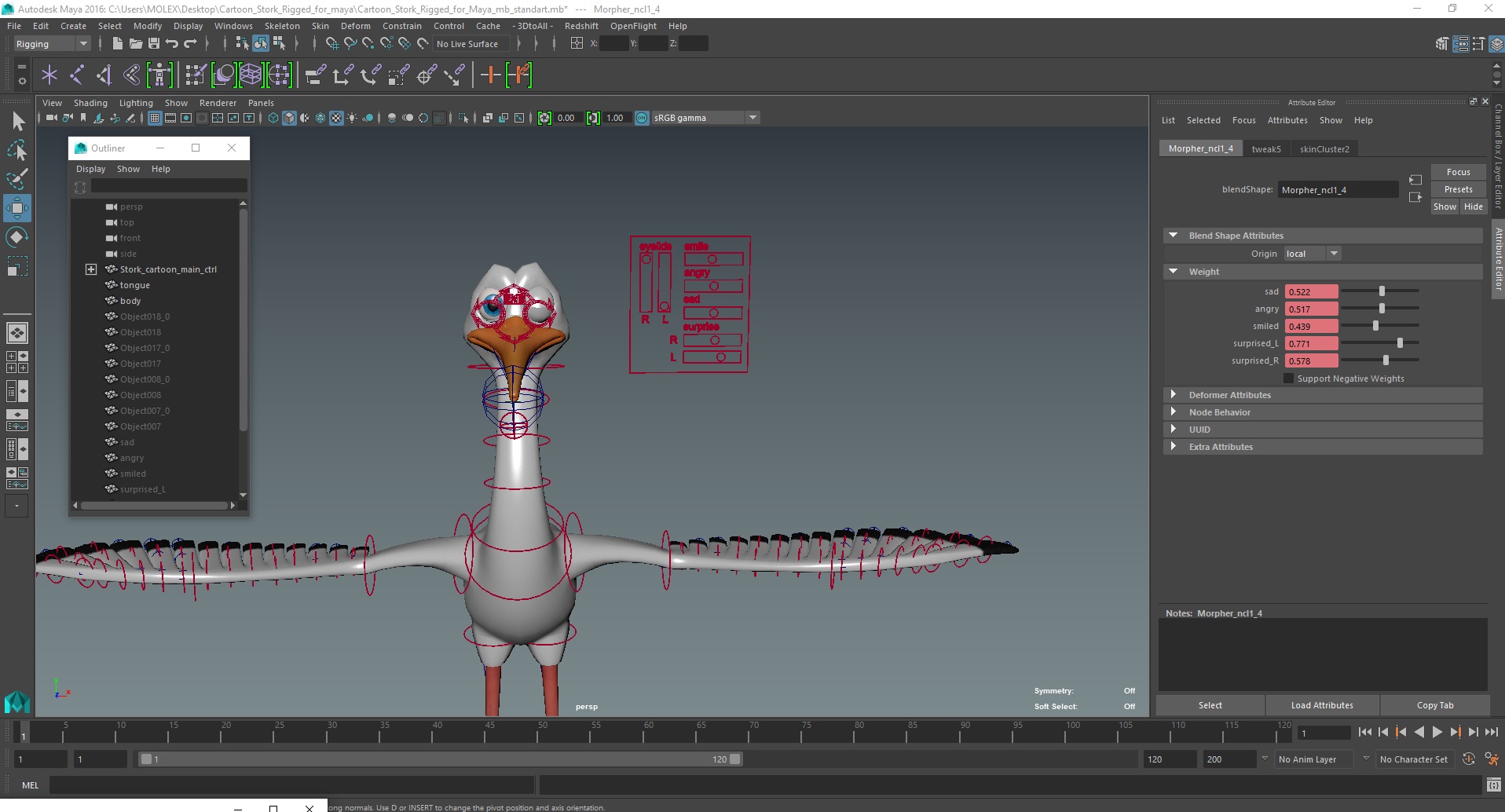 Cartoon Stork Rigged for Maya 3D model