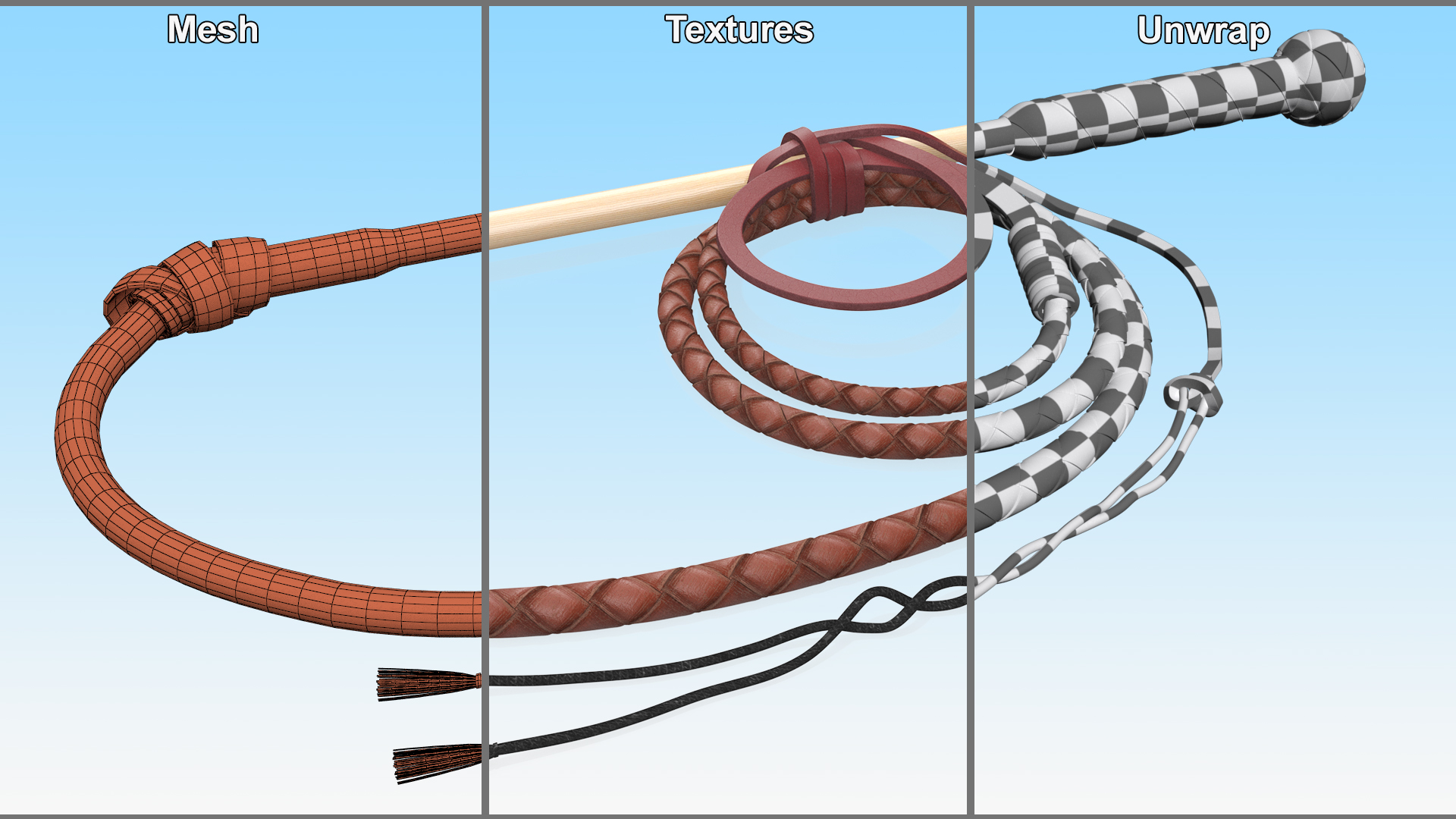 Leather Whip Braided Brown Rigged for Cinema 4D 3D