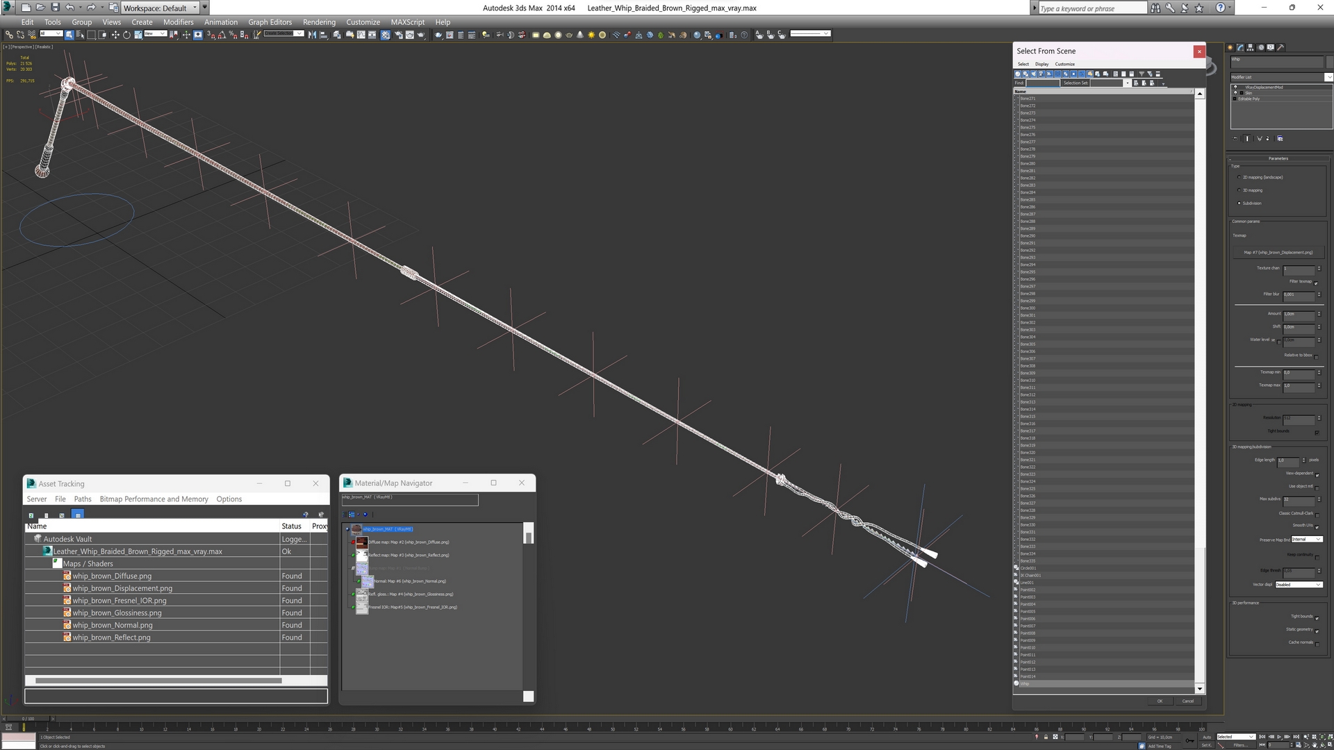 Leather Whip Braided Brown Rigged for Cinema 4D 3D