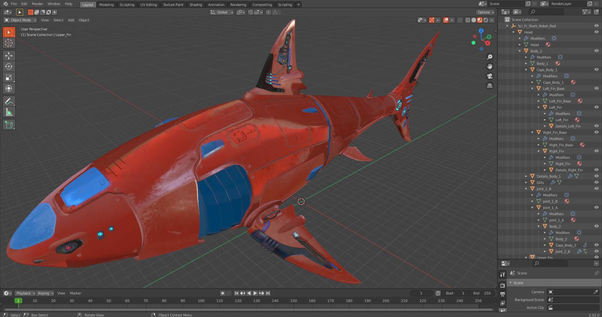 Sci Fi Shark Robot Red 3D