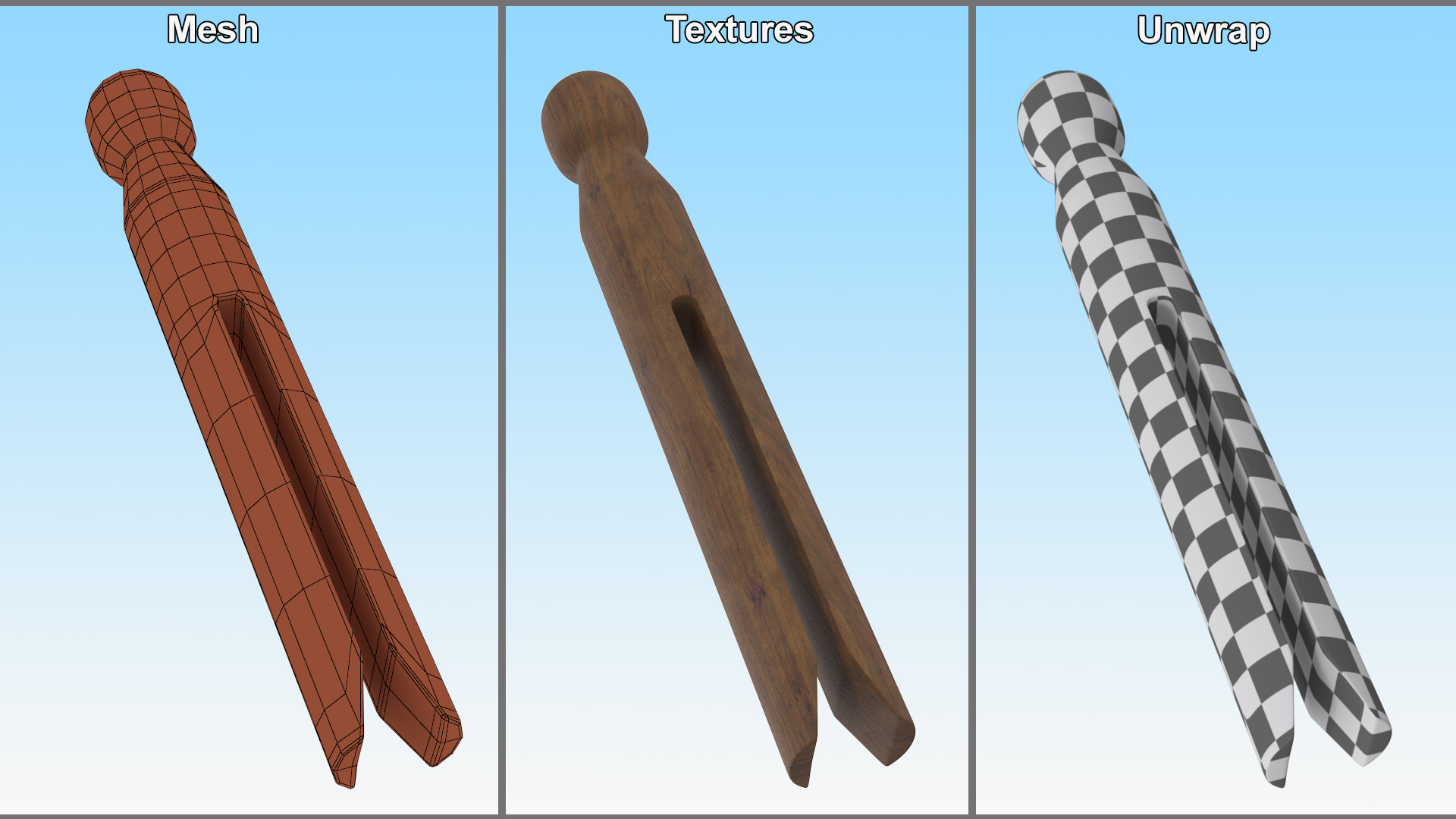 Vintage Inspired Round Clothespins Dark Wood 3D model