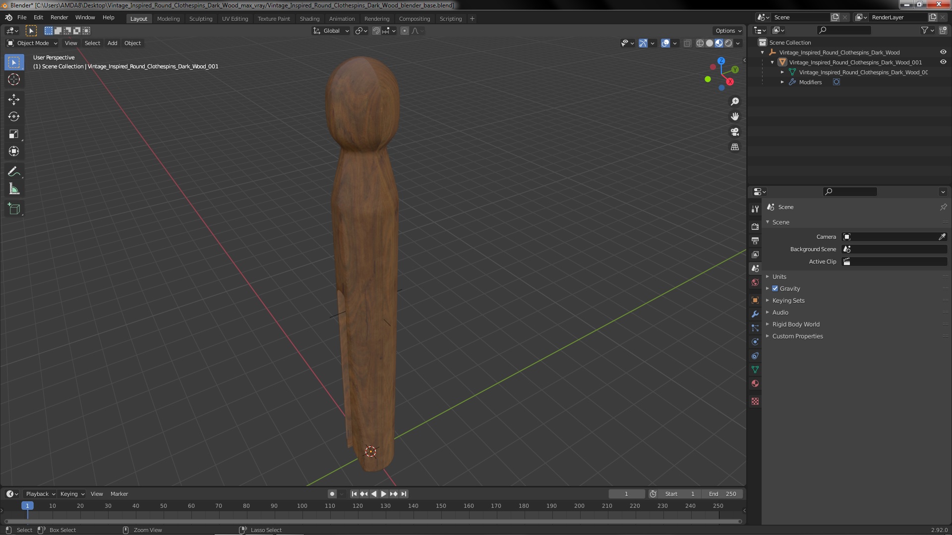 Vintage Inspired Round Clothespins Dark Wood 3D model