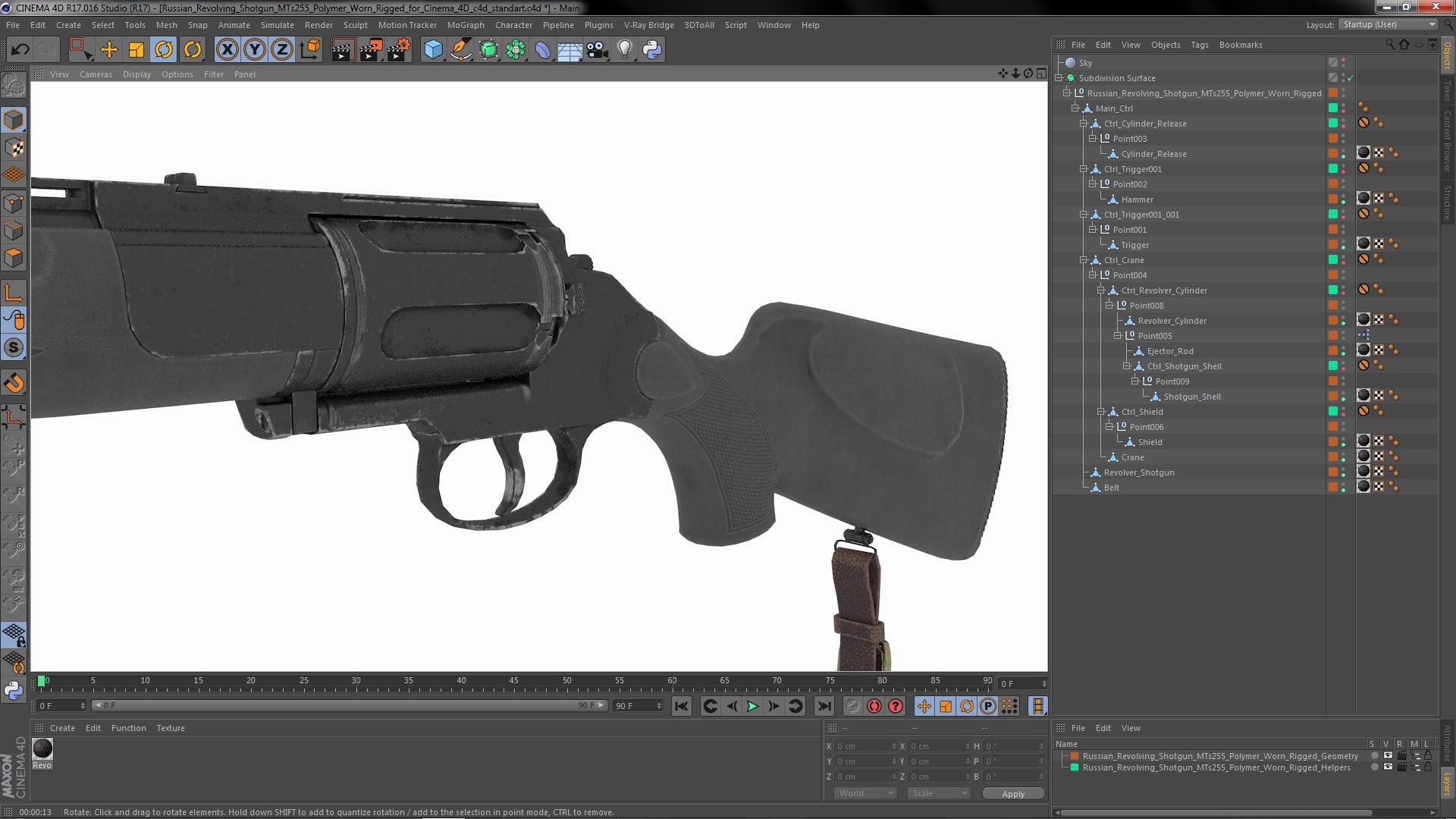3D Russian Revolving Shotgun MTs255 Polymer Worn Rigged for Cinema 4D