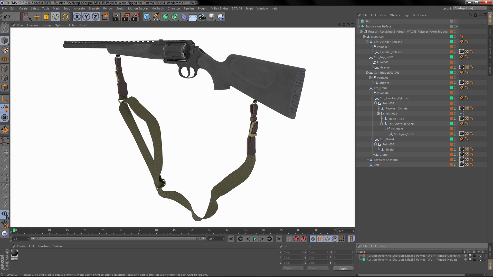 3D Russian Revolving Shotgun MTs255 Polymer Worn Rigged for Cinema 4D