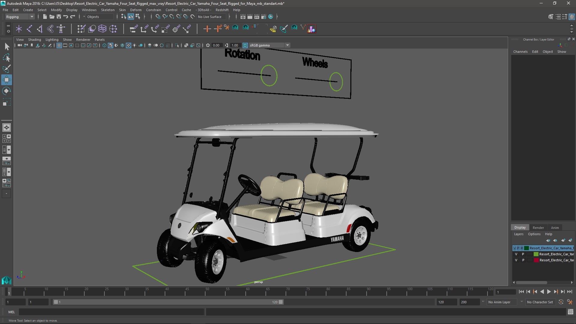 Resort Electric Car Yamaha Four Seat Rigged for Maya 3D