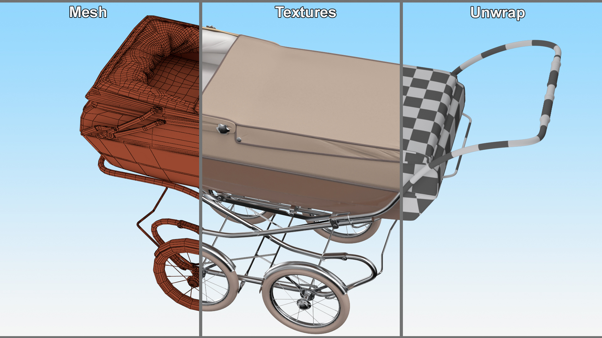 Antique Child Sleeping Pram Open Canopy 3D model