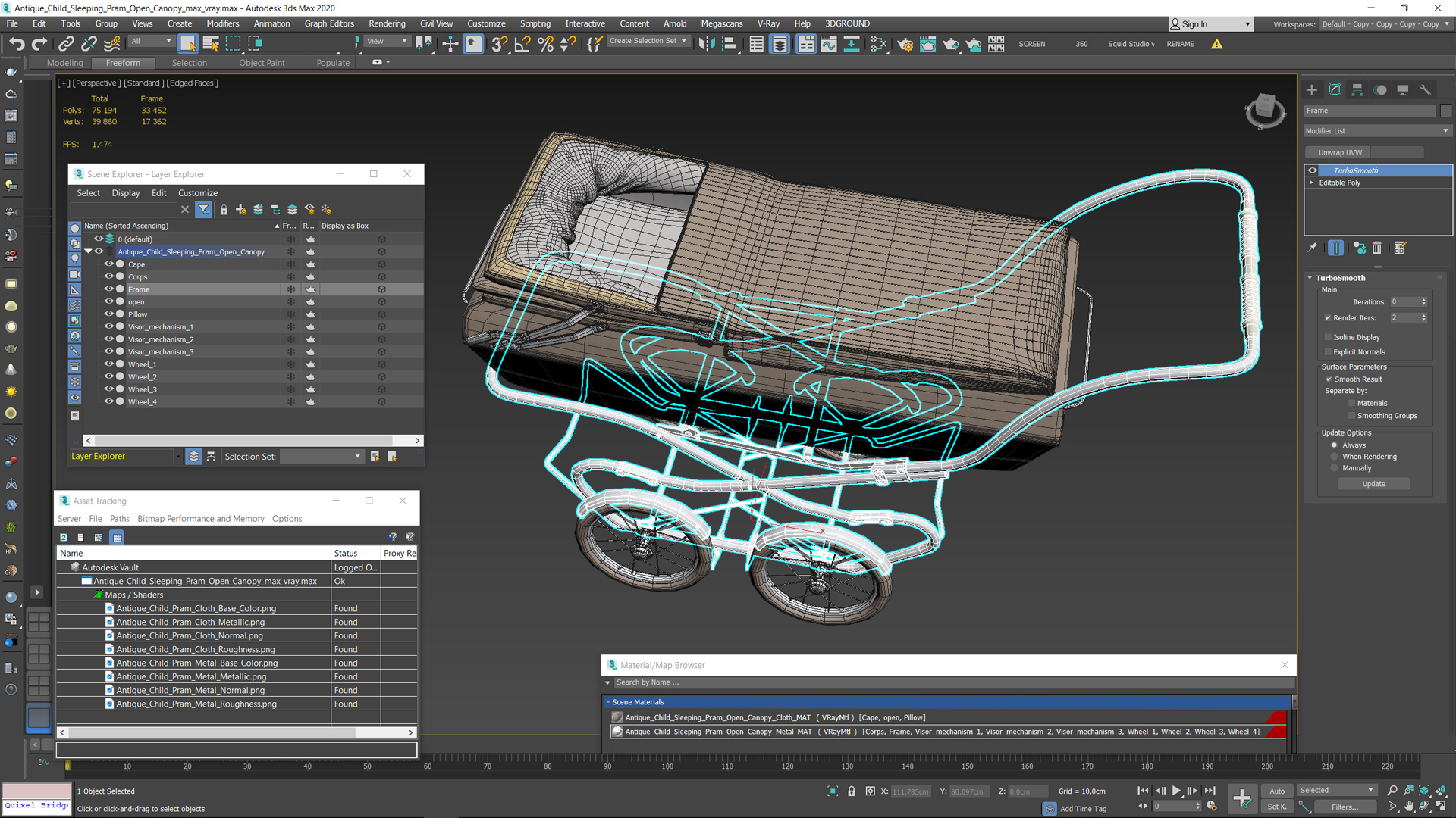 Antique Child Sleeping Pram Open Canopy 3D model