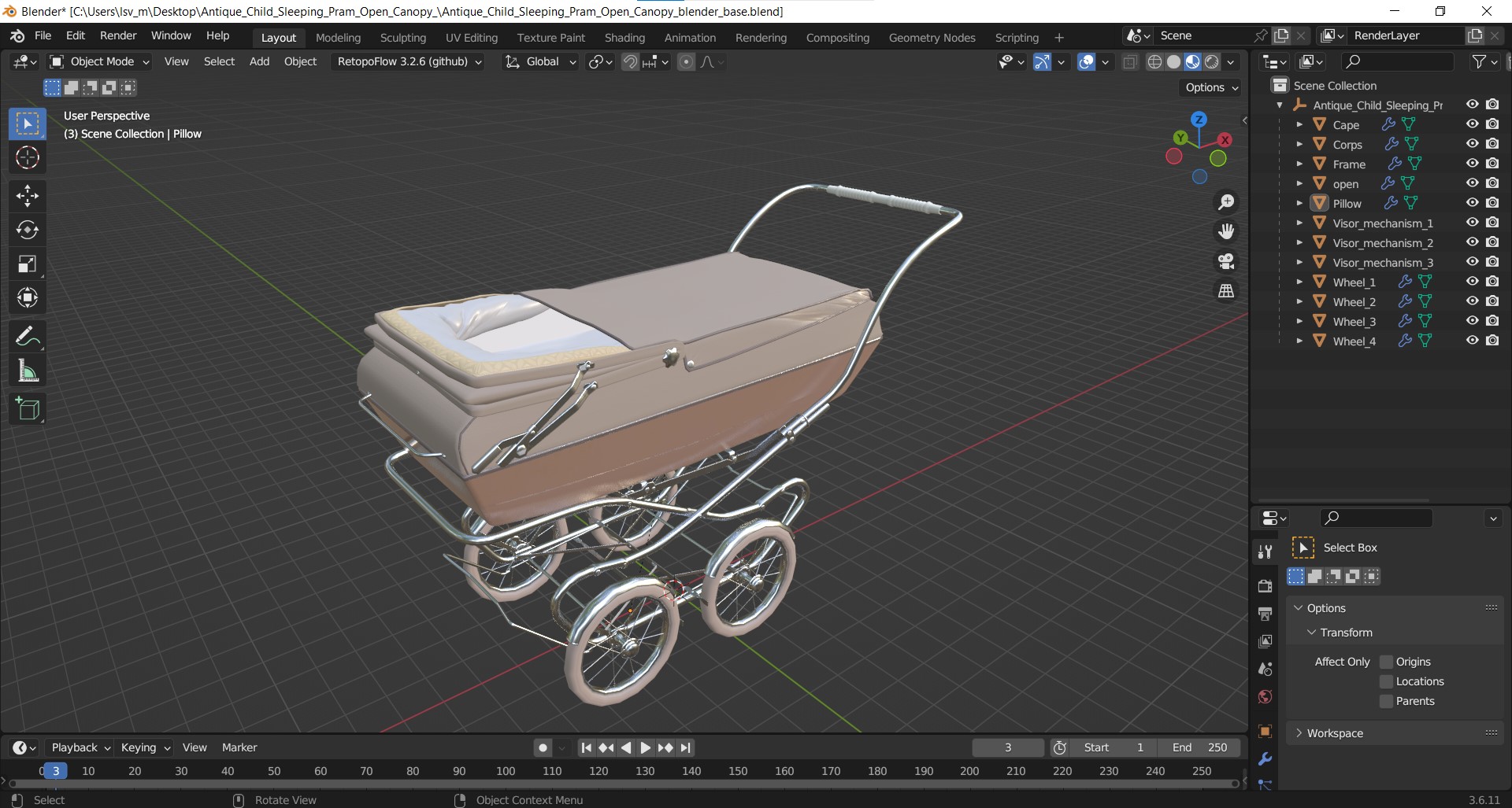 Antique Child Sleeping Pram Open Canopy 3D model