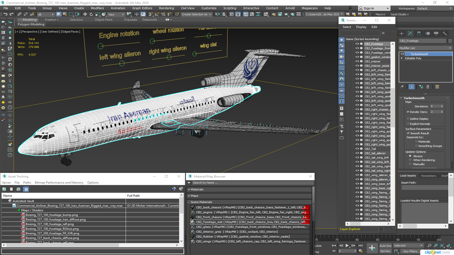 3D Commercial Airliner Boeing 727-100 Iran Aseman Rigged model