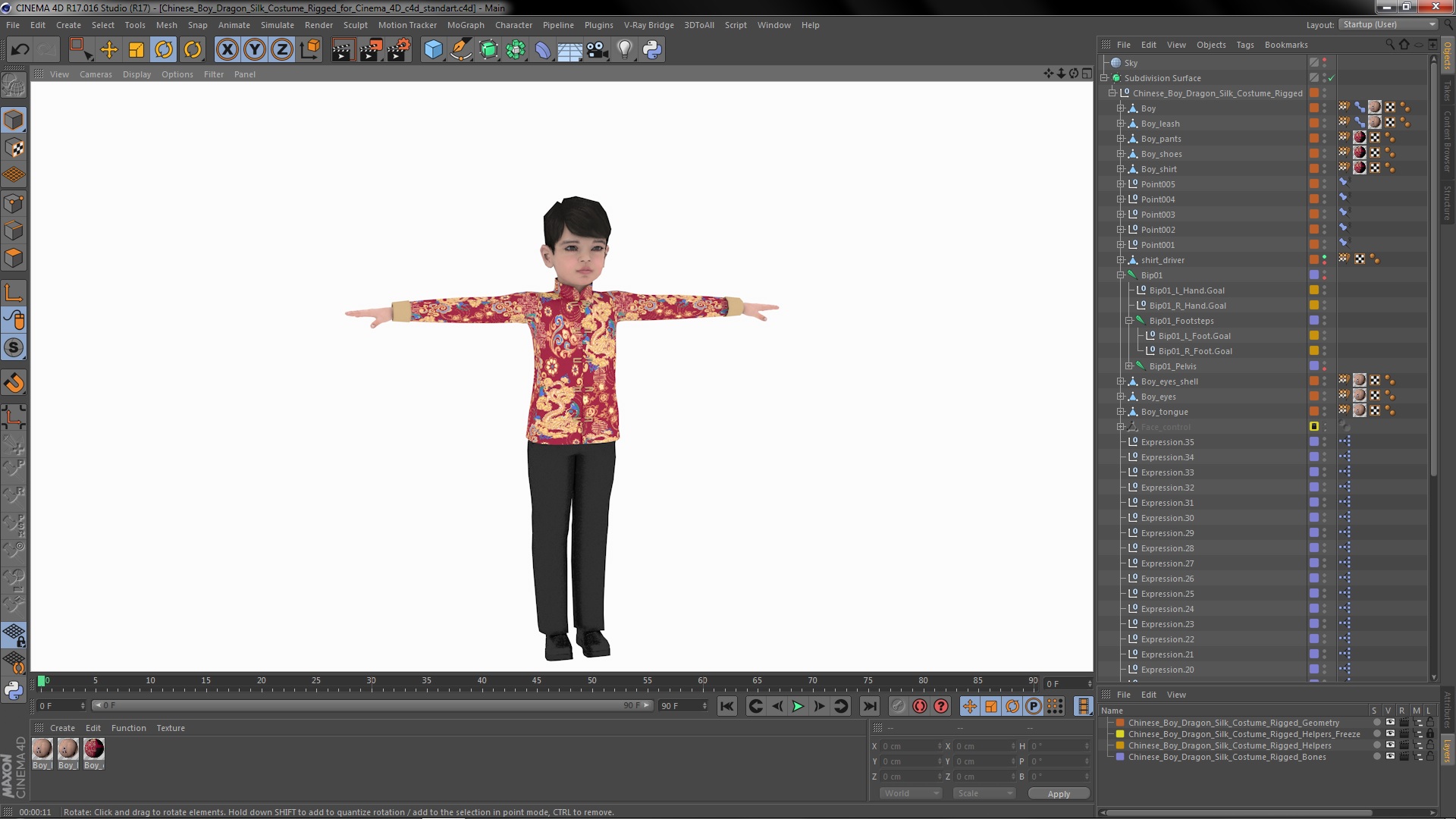 Chinese Boy Dragon Silk Costume Rigged for Cinema 4D 3D