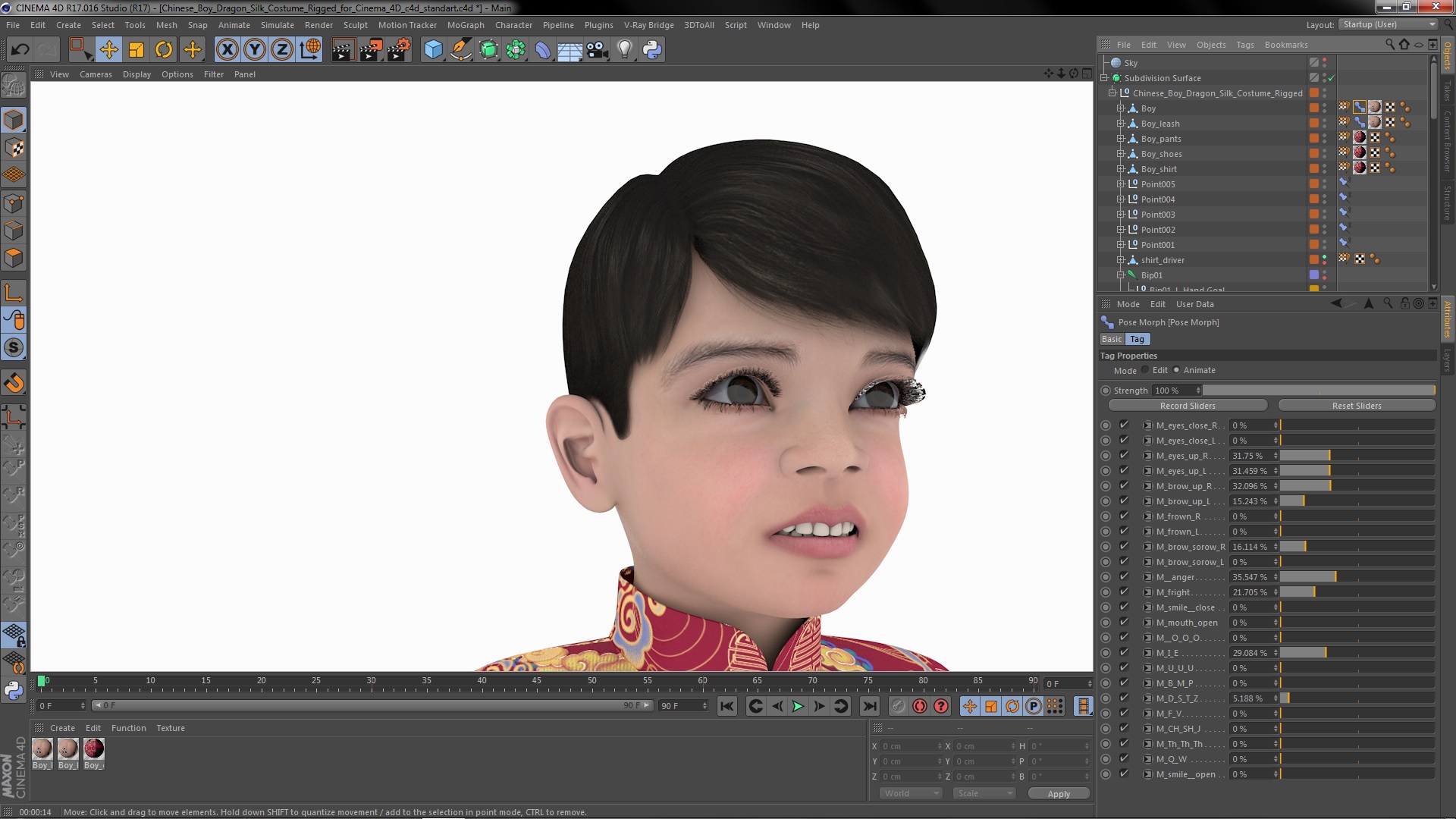 Chinese Boy Dragon Silk Costume Rigged for Cinema 4D 3D