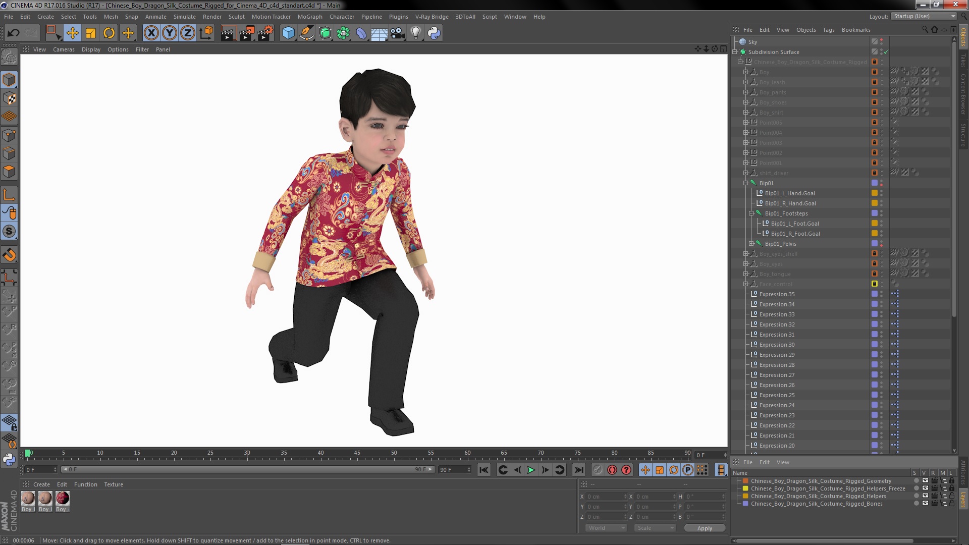 Chinese Boy Dragon Silk Costume Rigged for Cinema 4D 3D