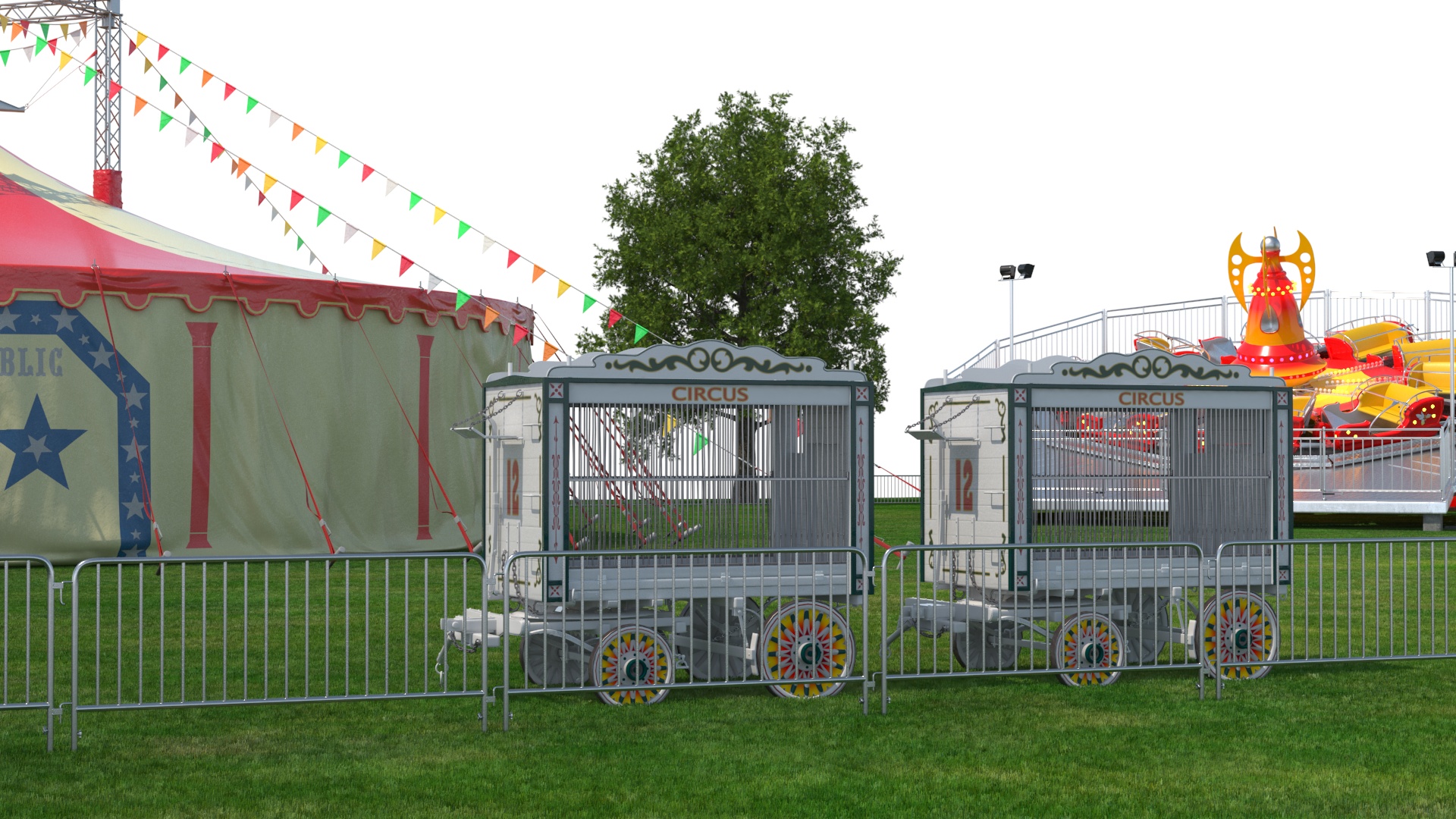 3D Outdoor Carnival Scene with Rides and Circus Tent with Fur model