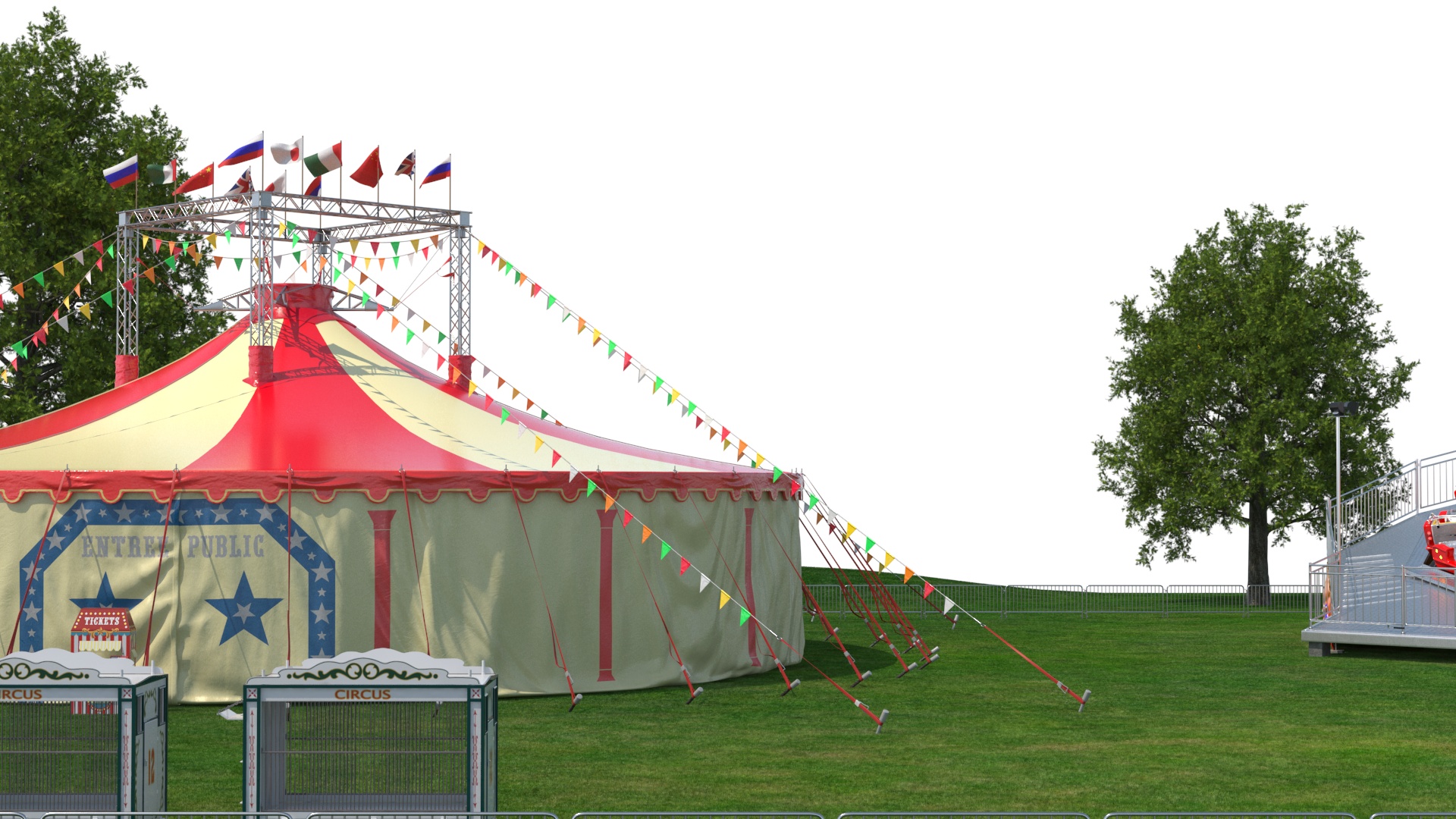 3D Outdoor Carnival Scene with Rides and Circus Tent with Fur model