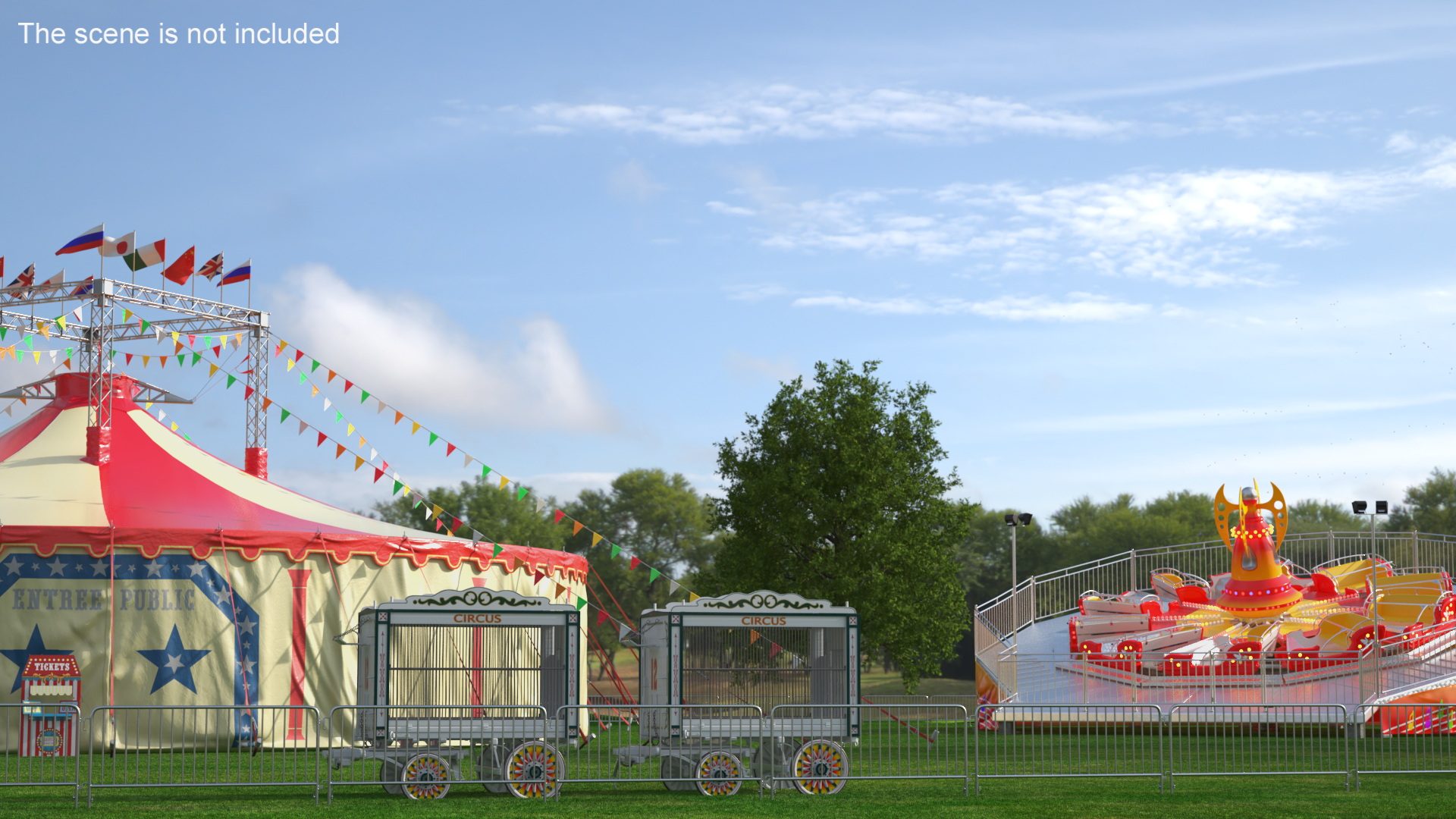 3D Outdoor Carnival Scene with Rides and Circus Tent with Fur model