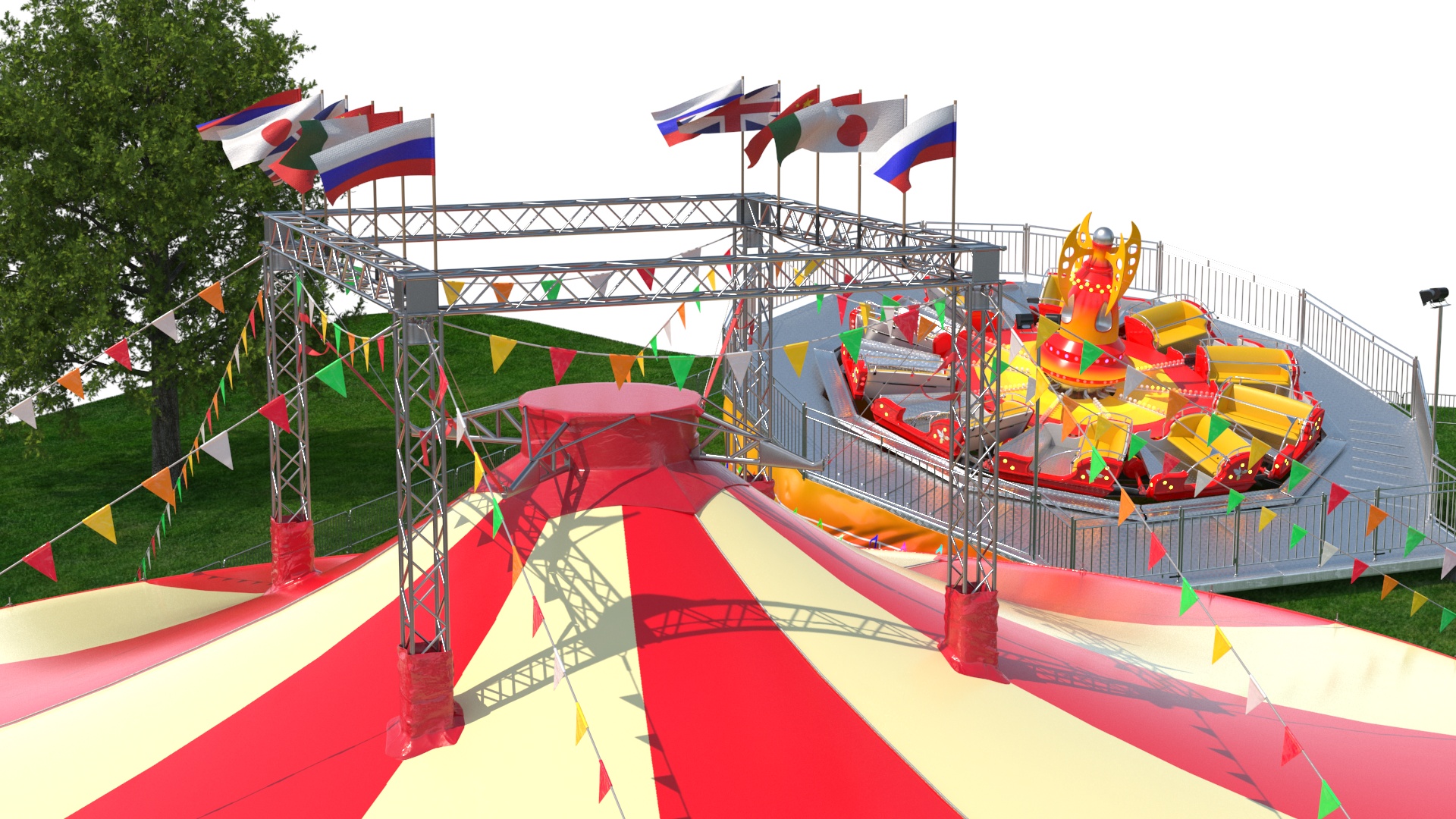 3D Outdoor Carnival Scene with Rides and Circus Tent with Fur model