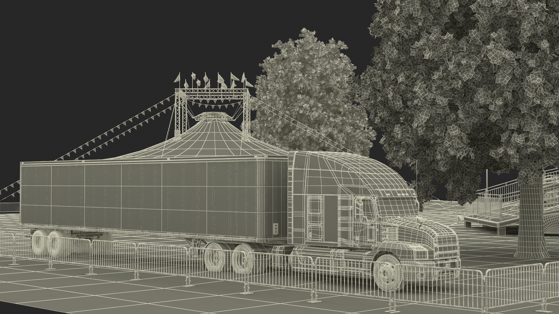 3D Outdoor Carnival Scene with Rides and Circus Tent with Fur model