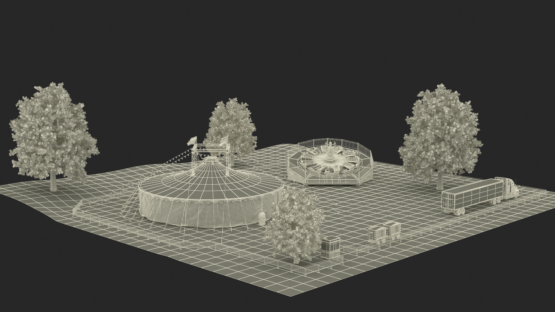 3D Outdoor Carnival Scene with Rides and Circus Tent with Fur model