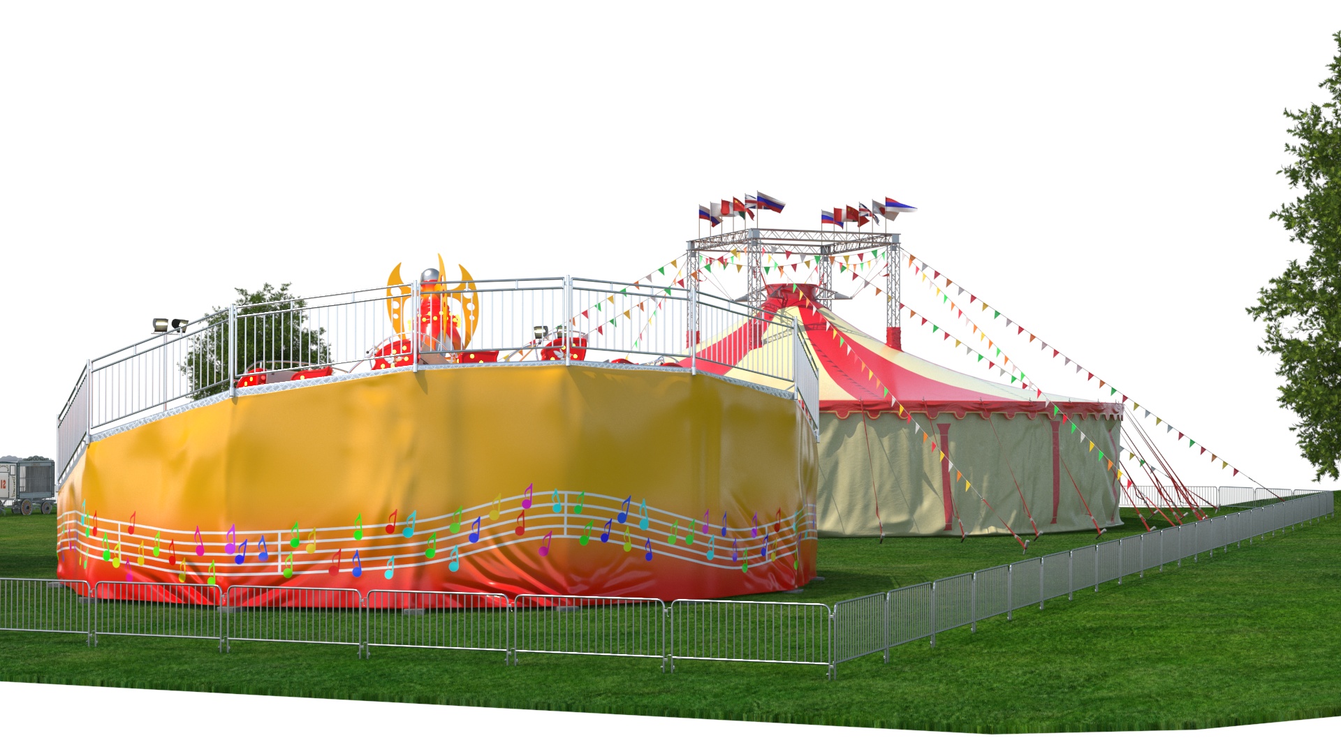 3D Outdoor Carnival Scene with Rides and Circus Tent with Fur model