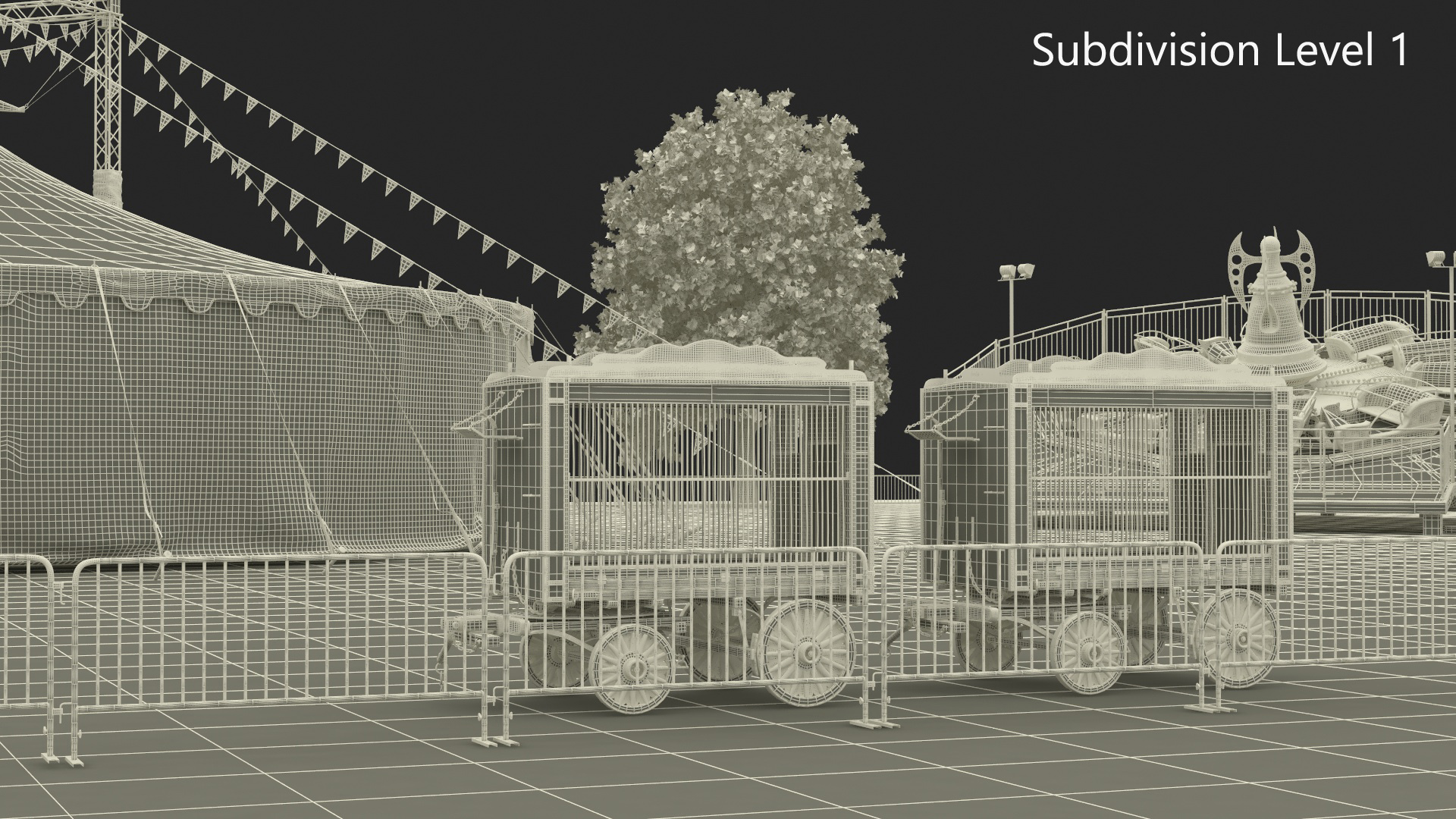 3D Outdoor Carnival Scene with Rides and Circus Tent with Fur model