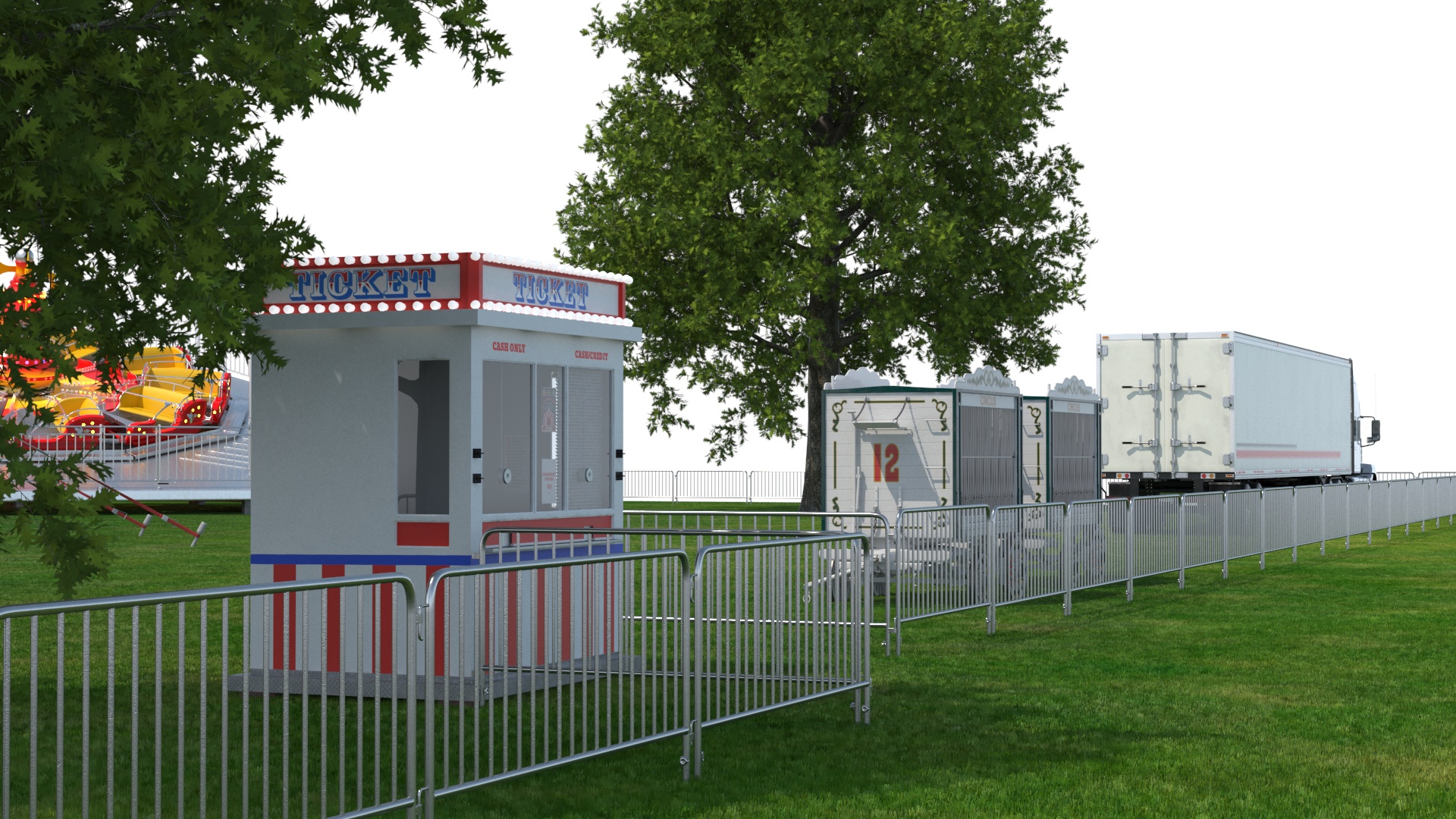 3D Outdoor Carnival Scene with Rides and Circus Tent with Fur model