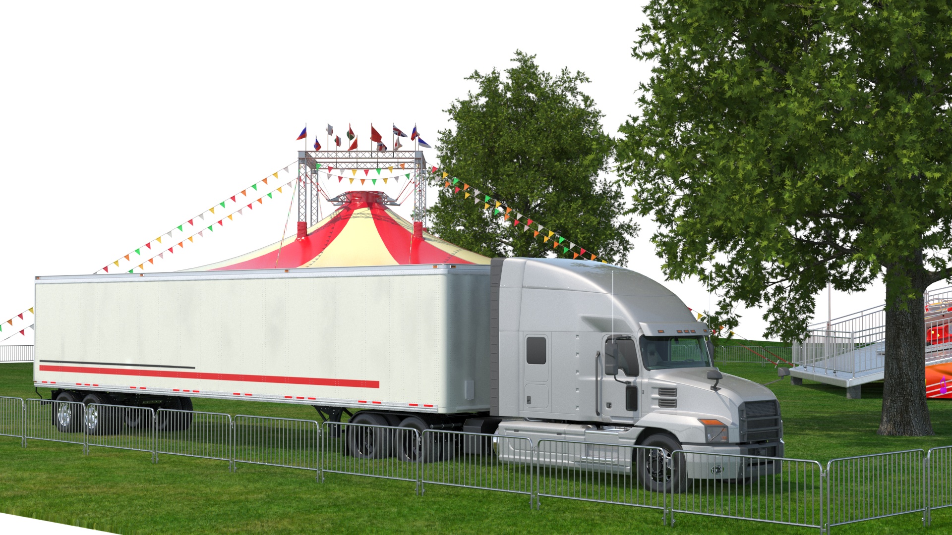 3D Outdoor Carnival Scene with Rides and Circus Tent with Fur model