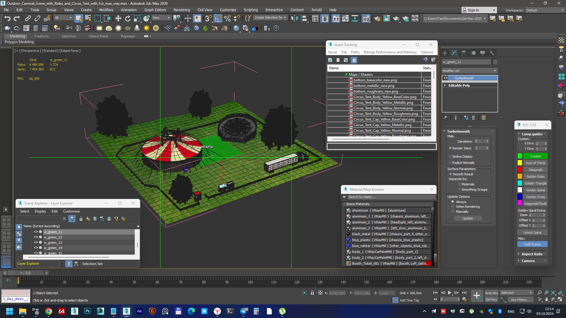 3D Outdoor Carnival Scene with Rides and Circus Tent with Fur model
