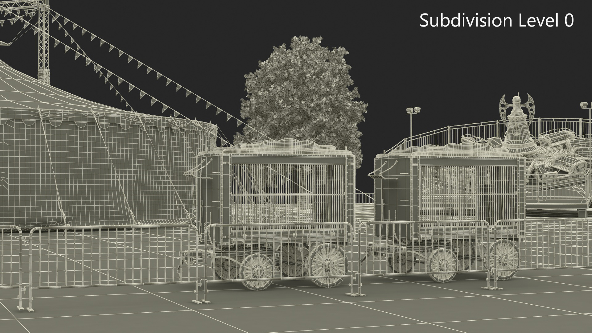 3D Outdoor Carnival Scene with Rides and Circus Tent with Fur model
