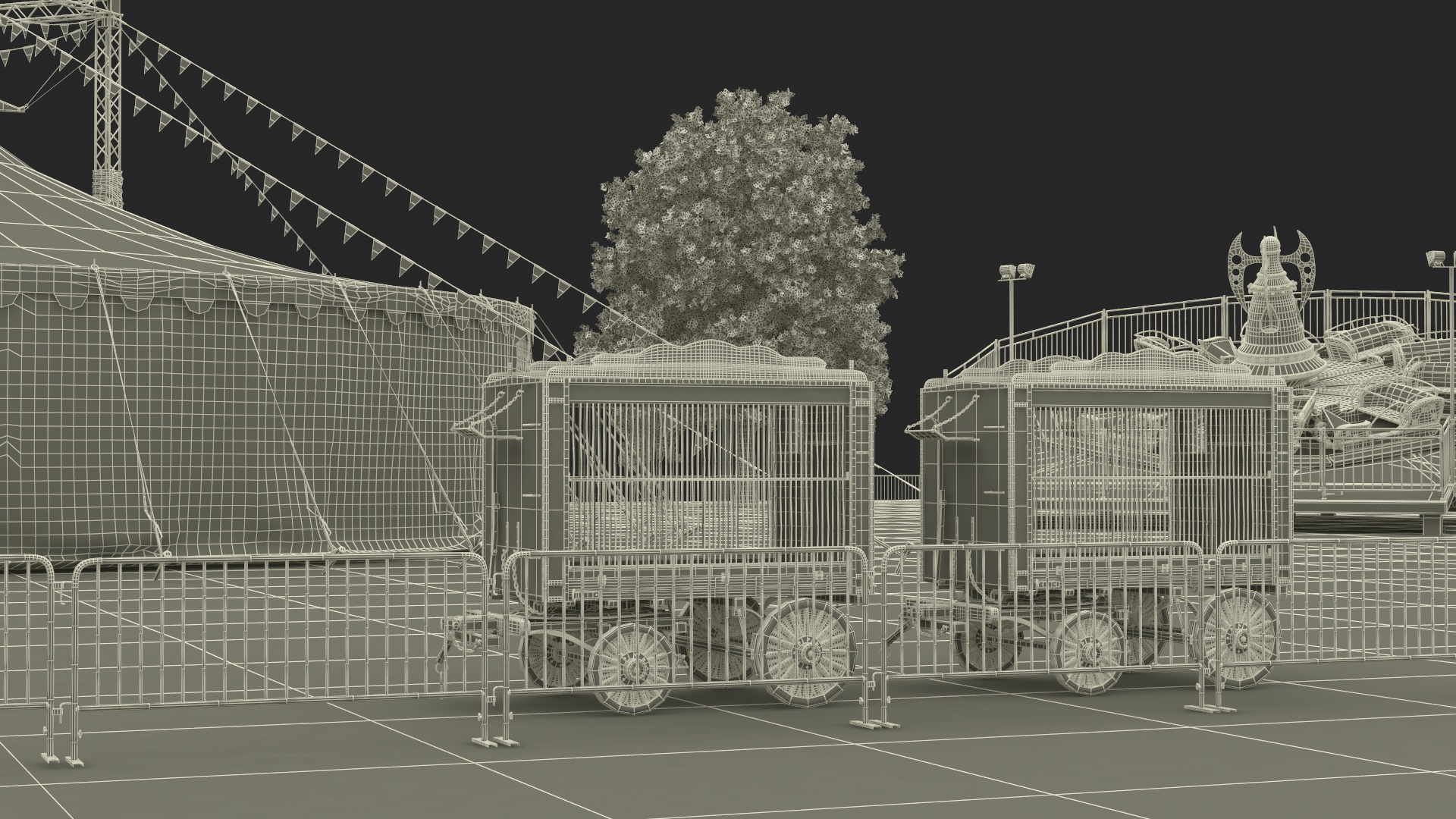 3D Outdoor Carnival Scene with Rides and Circus Tent with Fur model
