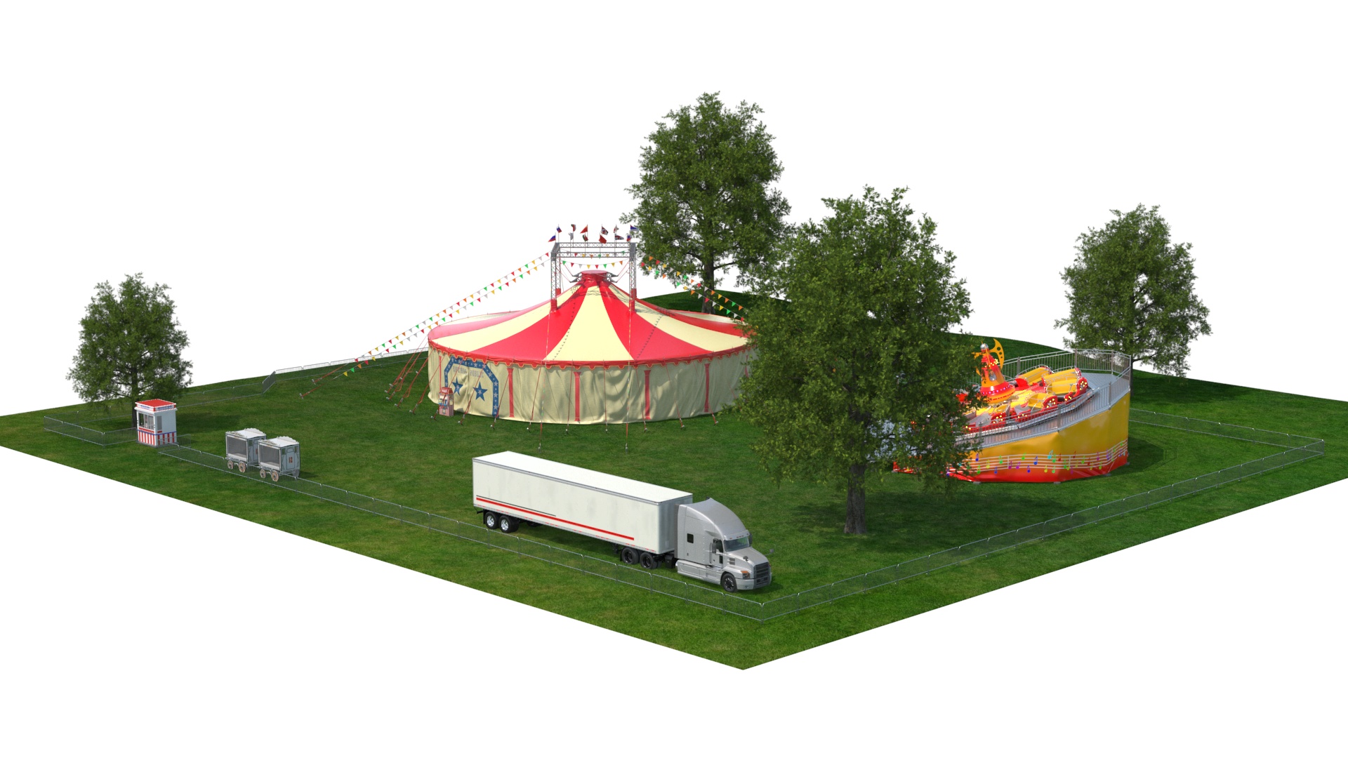3D Outdoor Carnival Scene with Rides and Circus Tent with Fur model