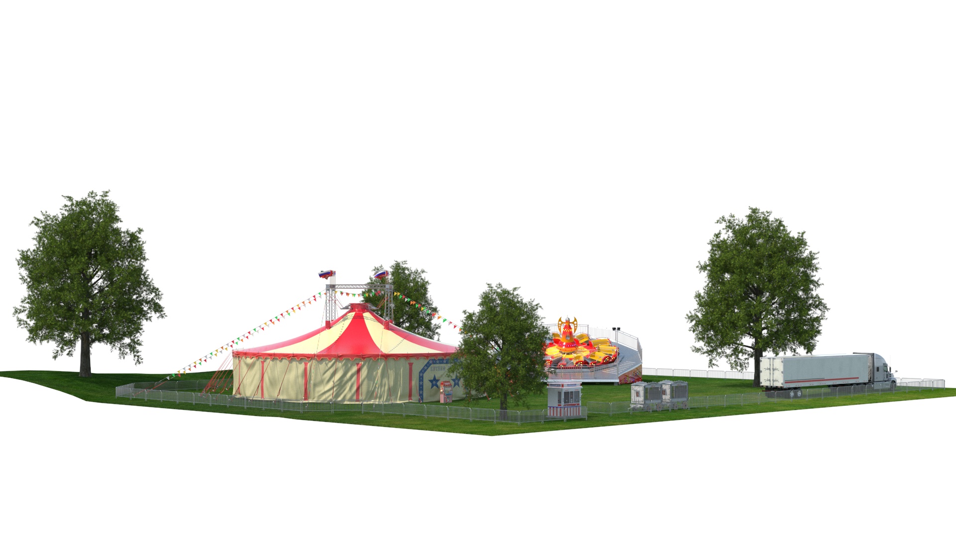 3D Outdoor Carnival Scene with Rides and Circus Tent with Fur model