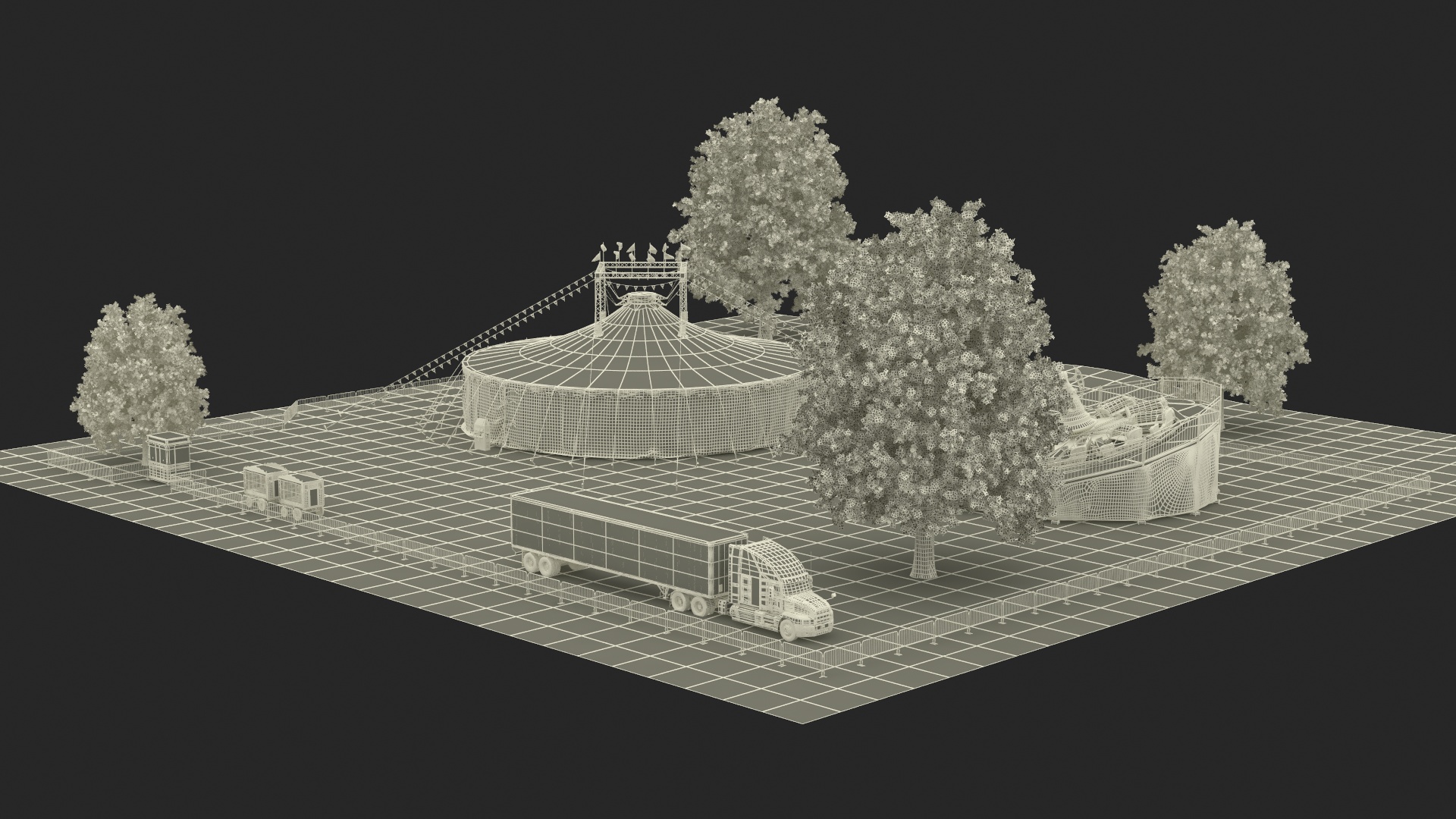 3D Outdoor Carnival Scene with Rides and Circus Tent with Fur model