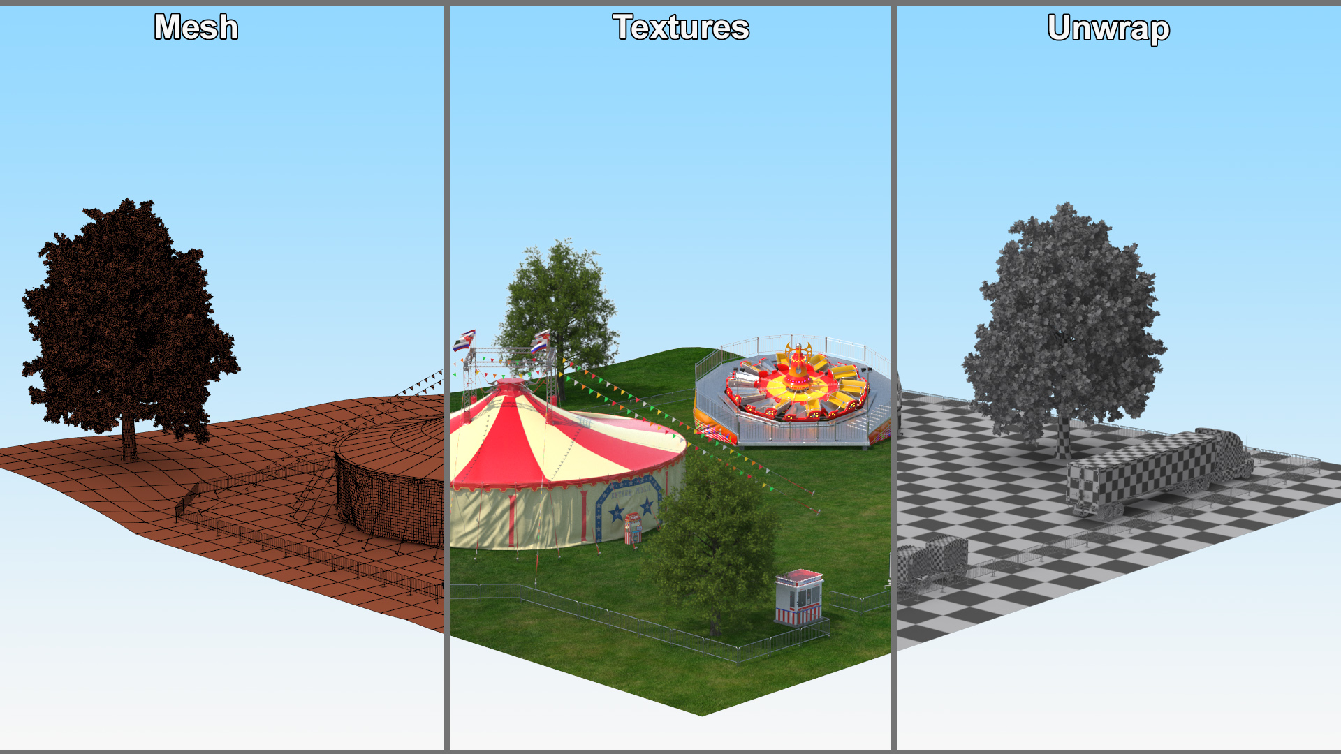 3D Outdoor Carnival Scene with Rides and Circus Tent with Fur model