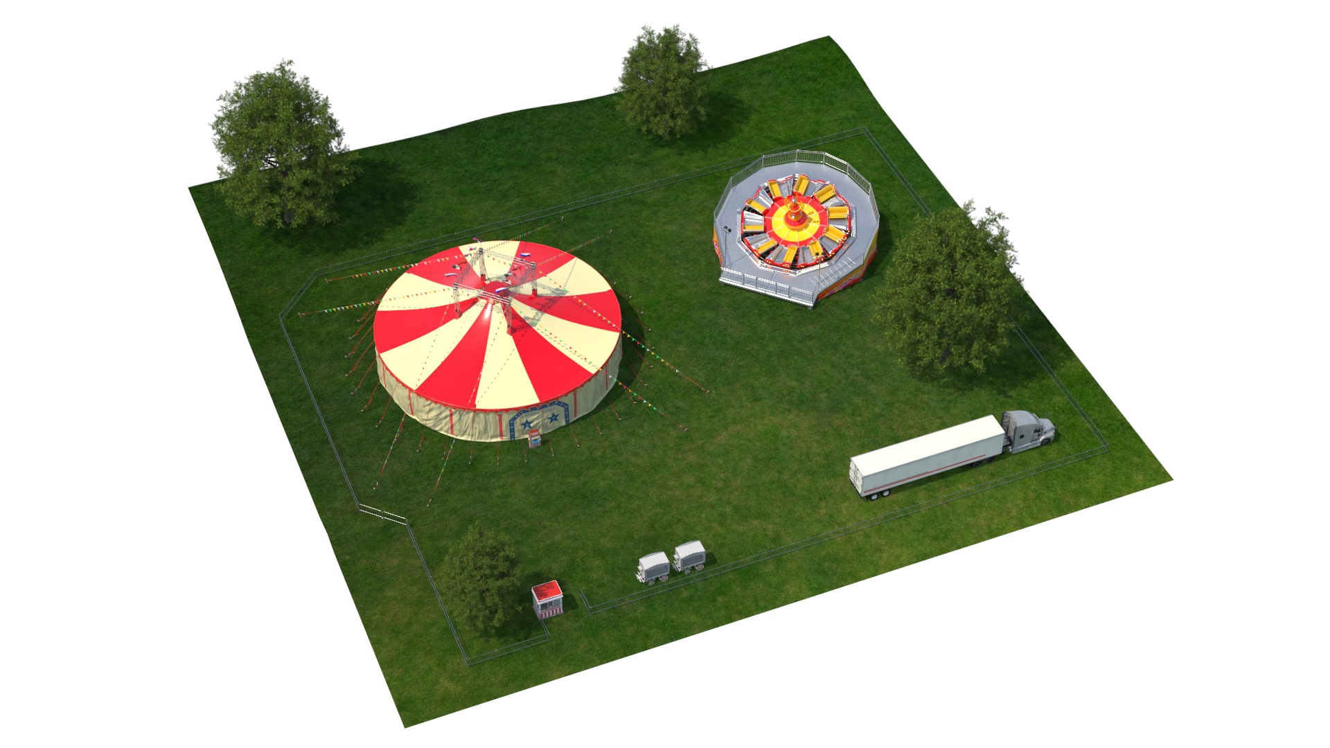 3D Outdoor Carnival Scene with Rides and Circus Tent with Fur model
