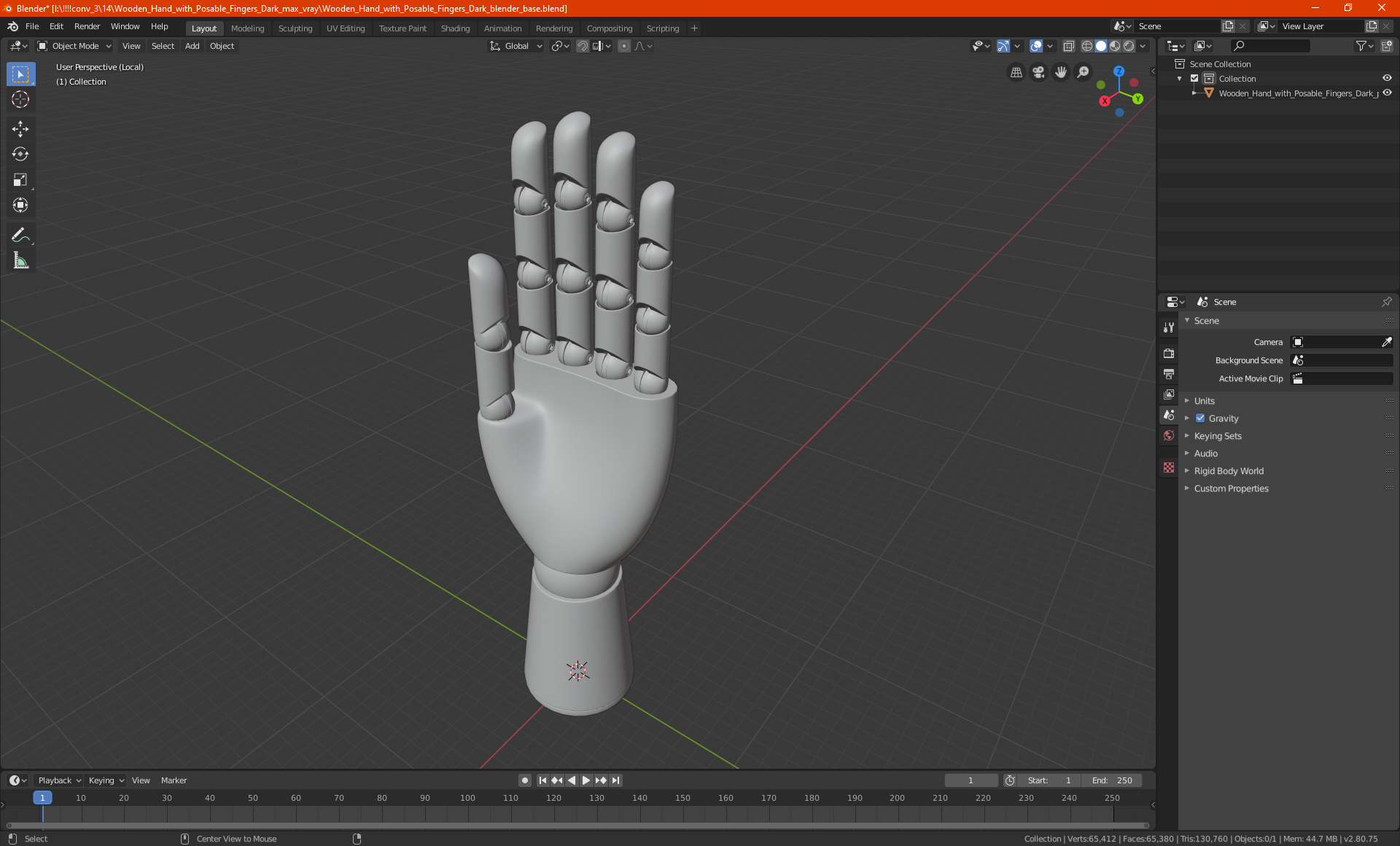 Wooden Hand with Posable Fingers Dark 3D
