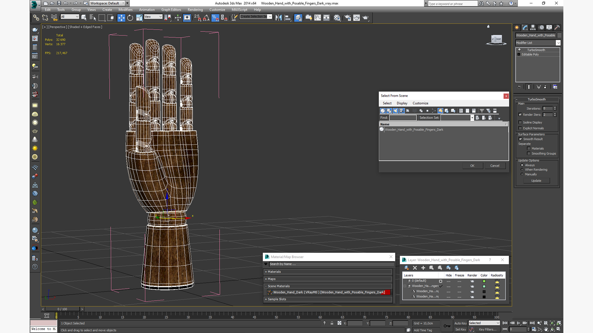 Wooden Hand with Posable Fingers Dark 3D