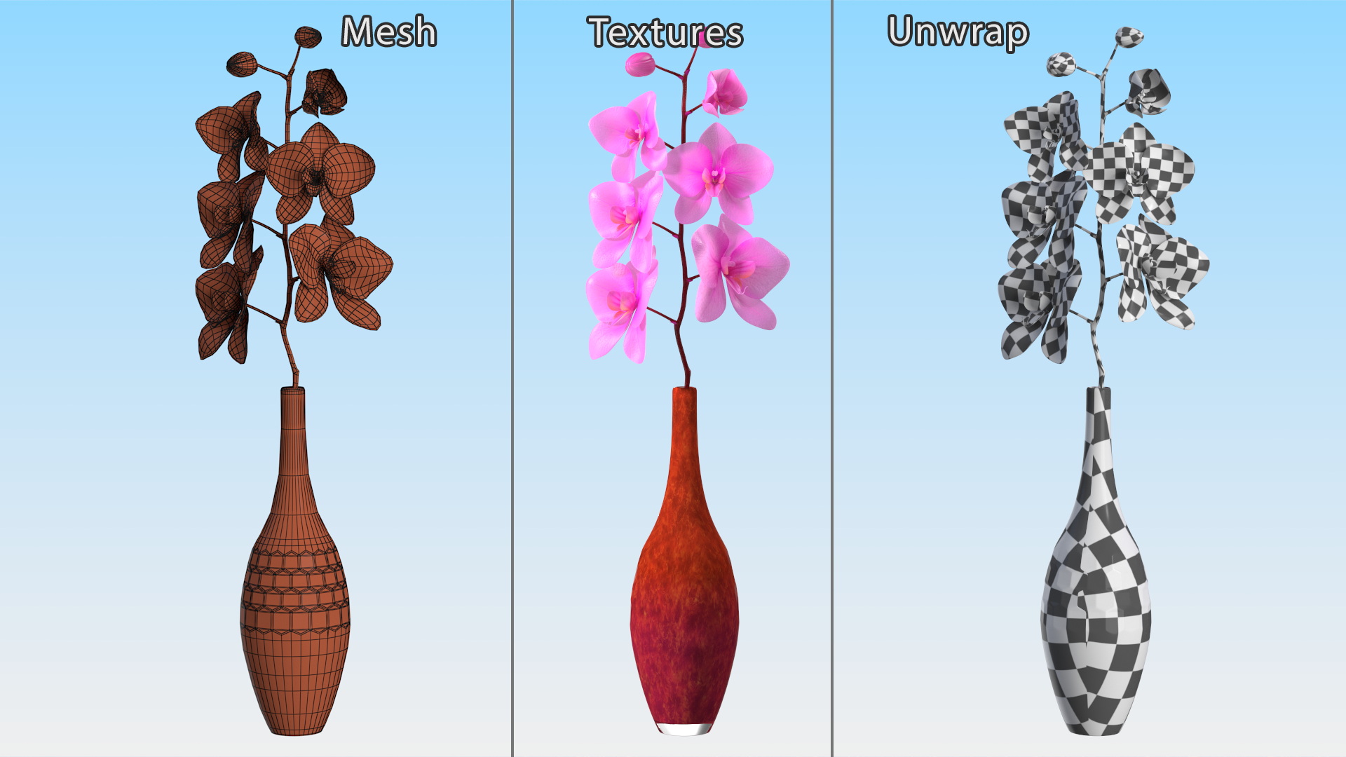 3D Small Pink Orchid in Glass Vase