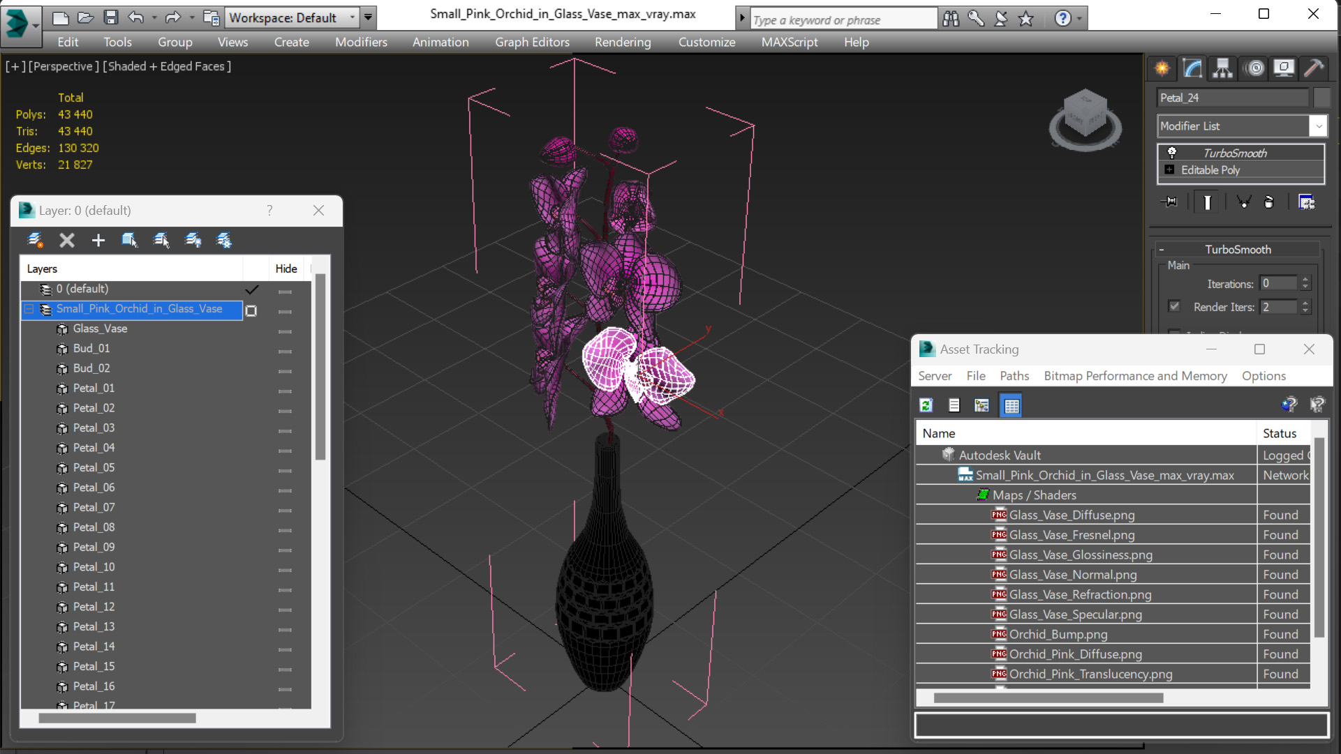 3D Small Pink Orchid in Glass Vase
