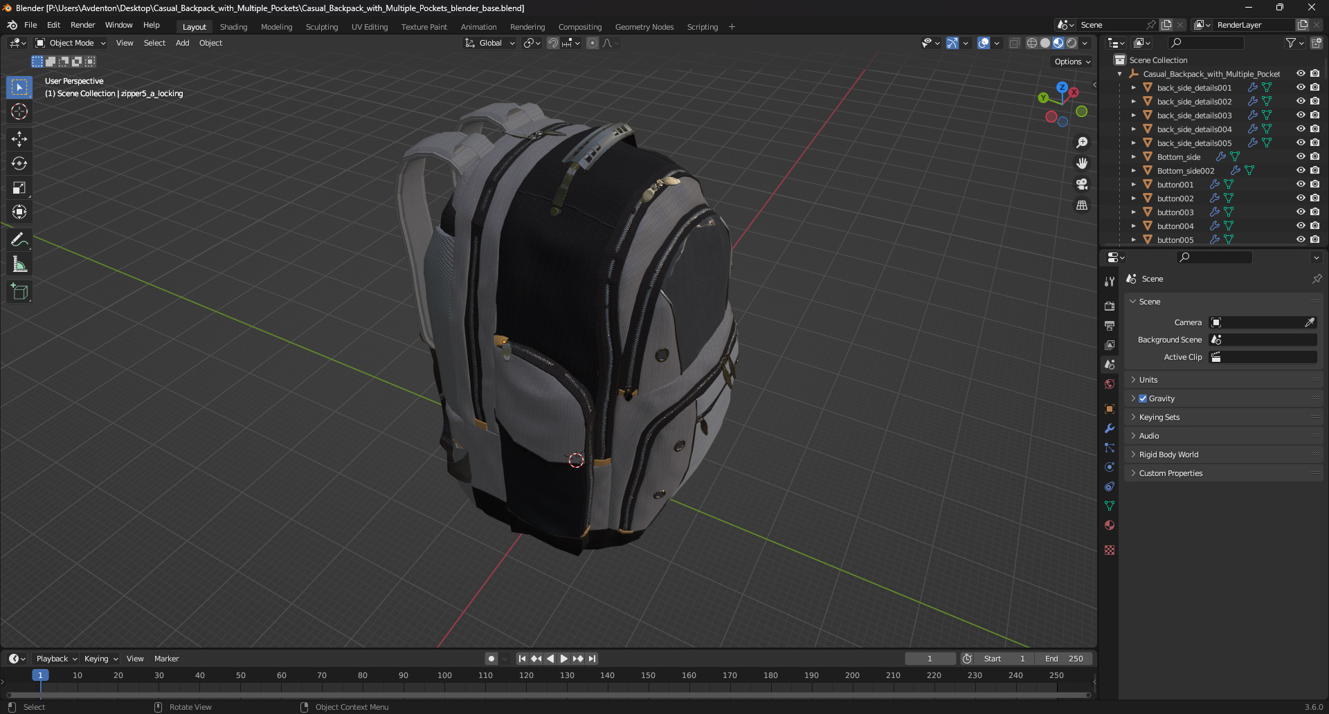 Casual Backpack with Multiple Pockets 3D
