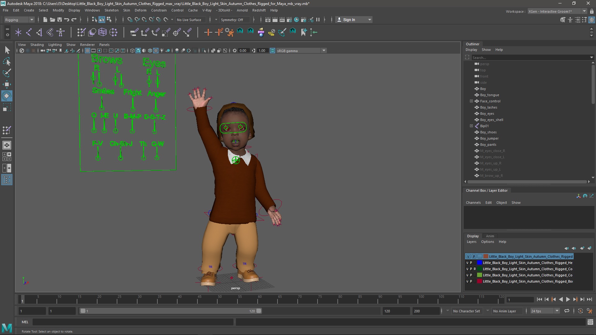 3D Little Black Boy Light Skin Autumn Clothes Rigged for Maya model
