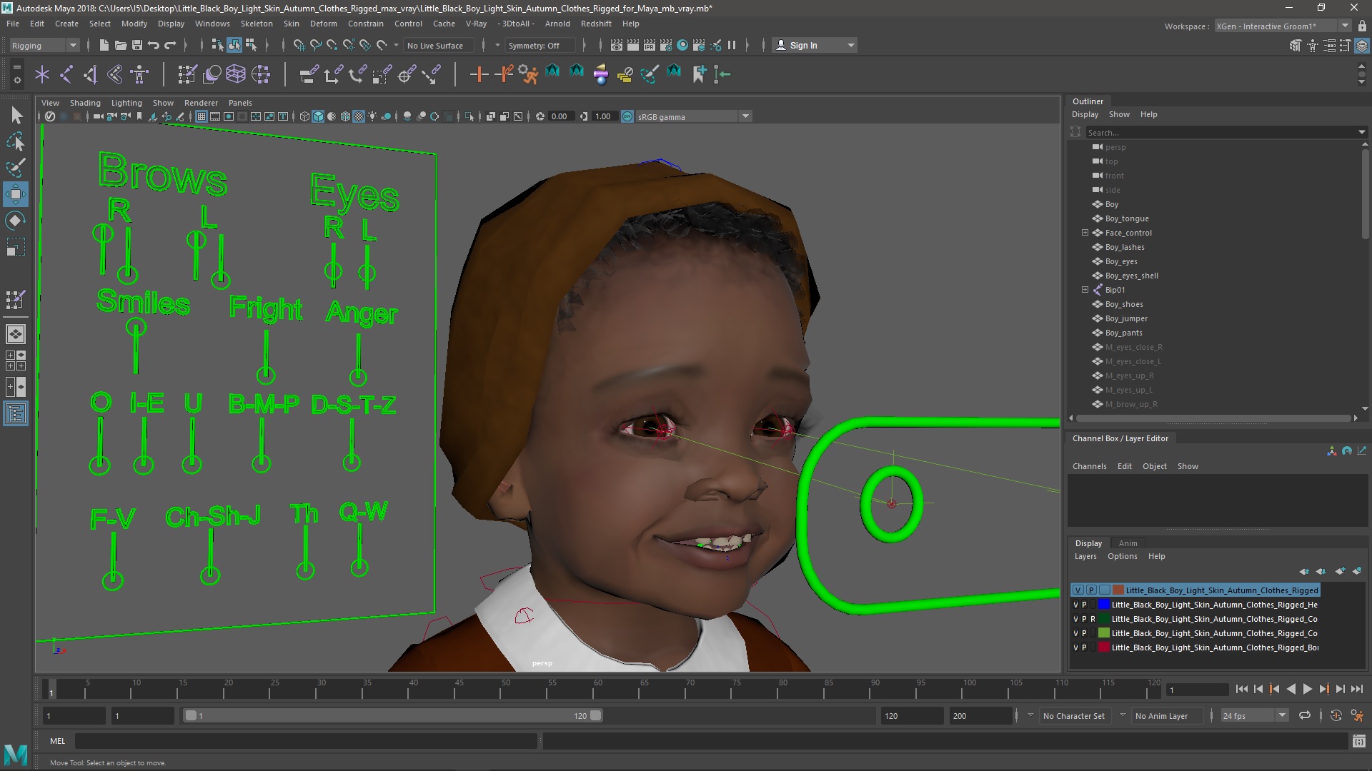 3D Little Black Boy Light Skin Autumn Clothes Rigged for Maya model
