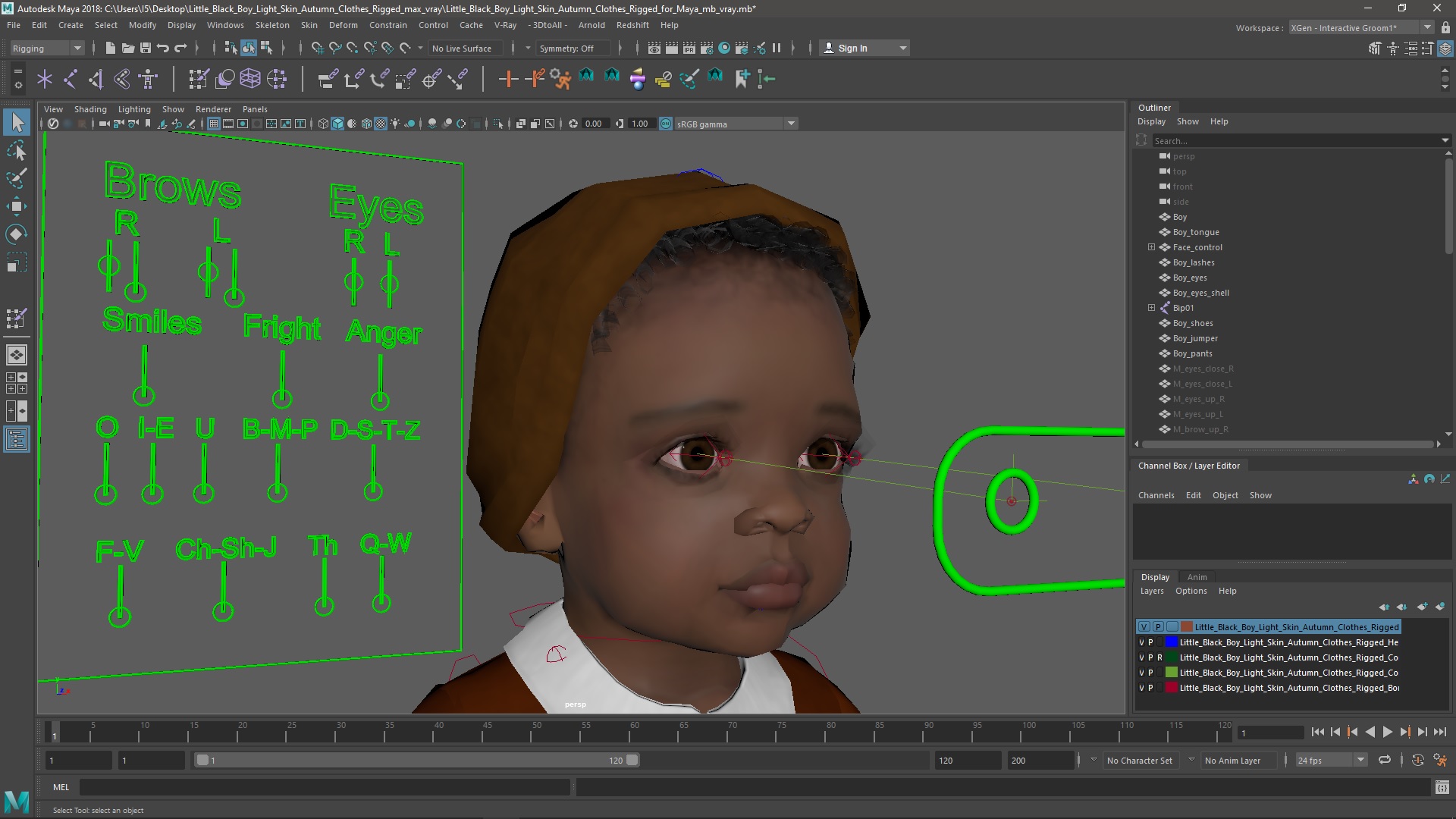 3D Little Black Boy Light Skin Autumn Clothes Rigged for Maya model