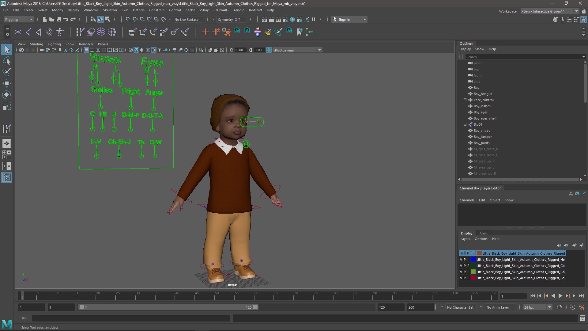 3D Little Black Boy Light Skin Autumn Clothes Rigged for Maya model