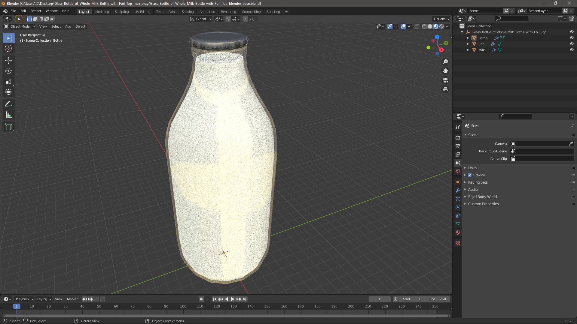 Glass Bottle of Whole Milk Bottle with Foil Top 3D