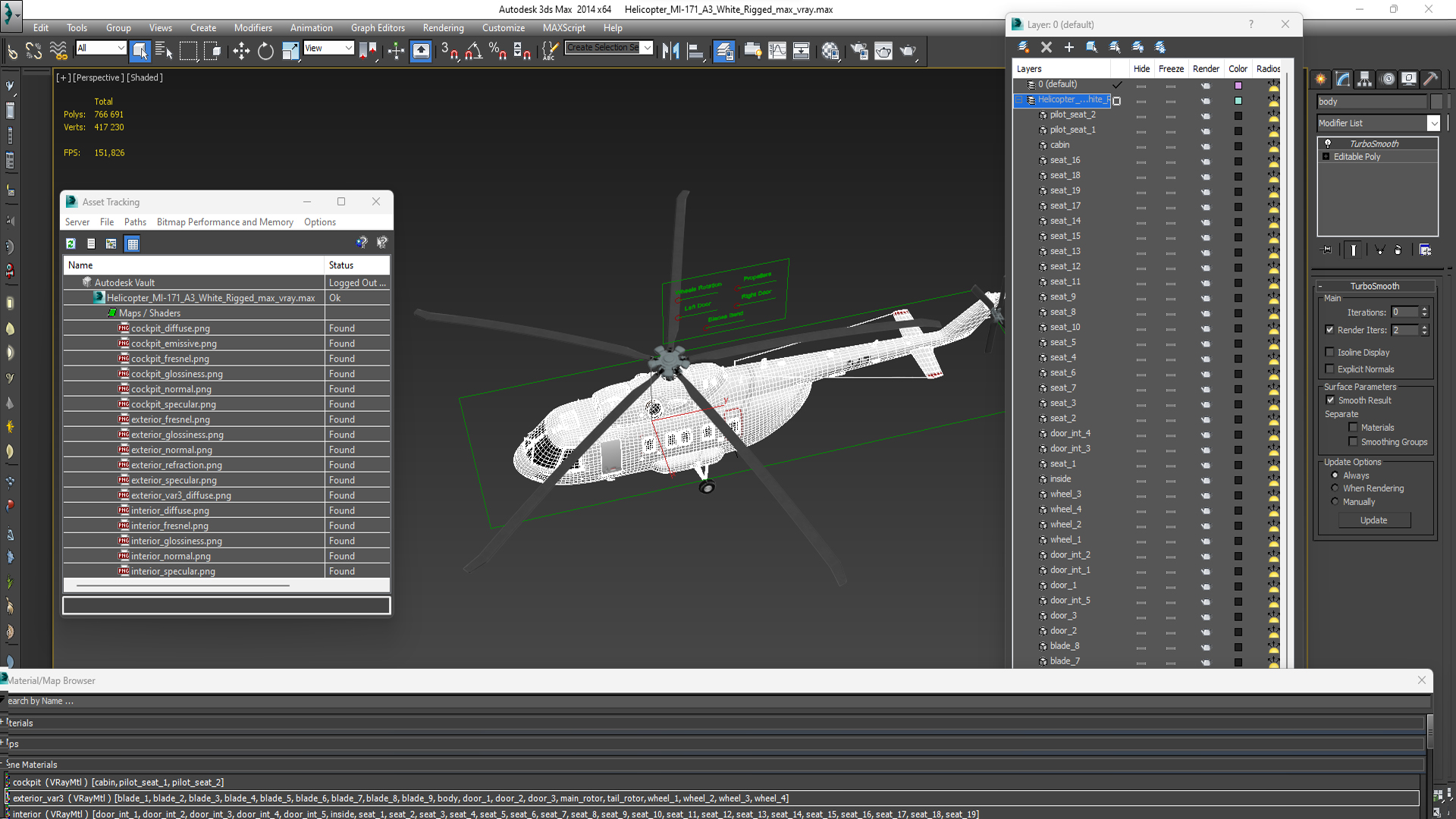 Helicopter MI-171 A3 White Rigged for Maya 3D