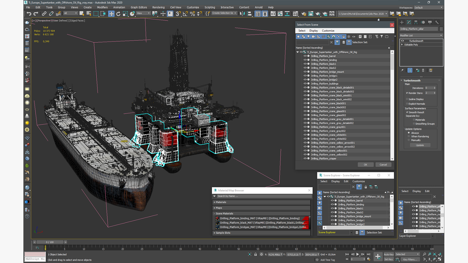 3D TI Europe Supertanker with Offshore Oil Rig model