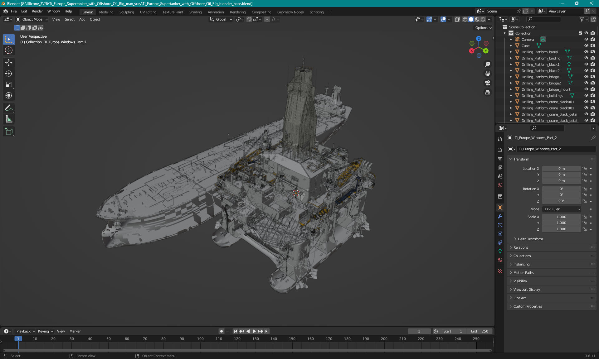 3D TI Europe Supertanker with Offshore Oil Rig model