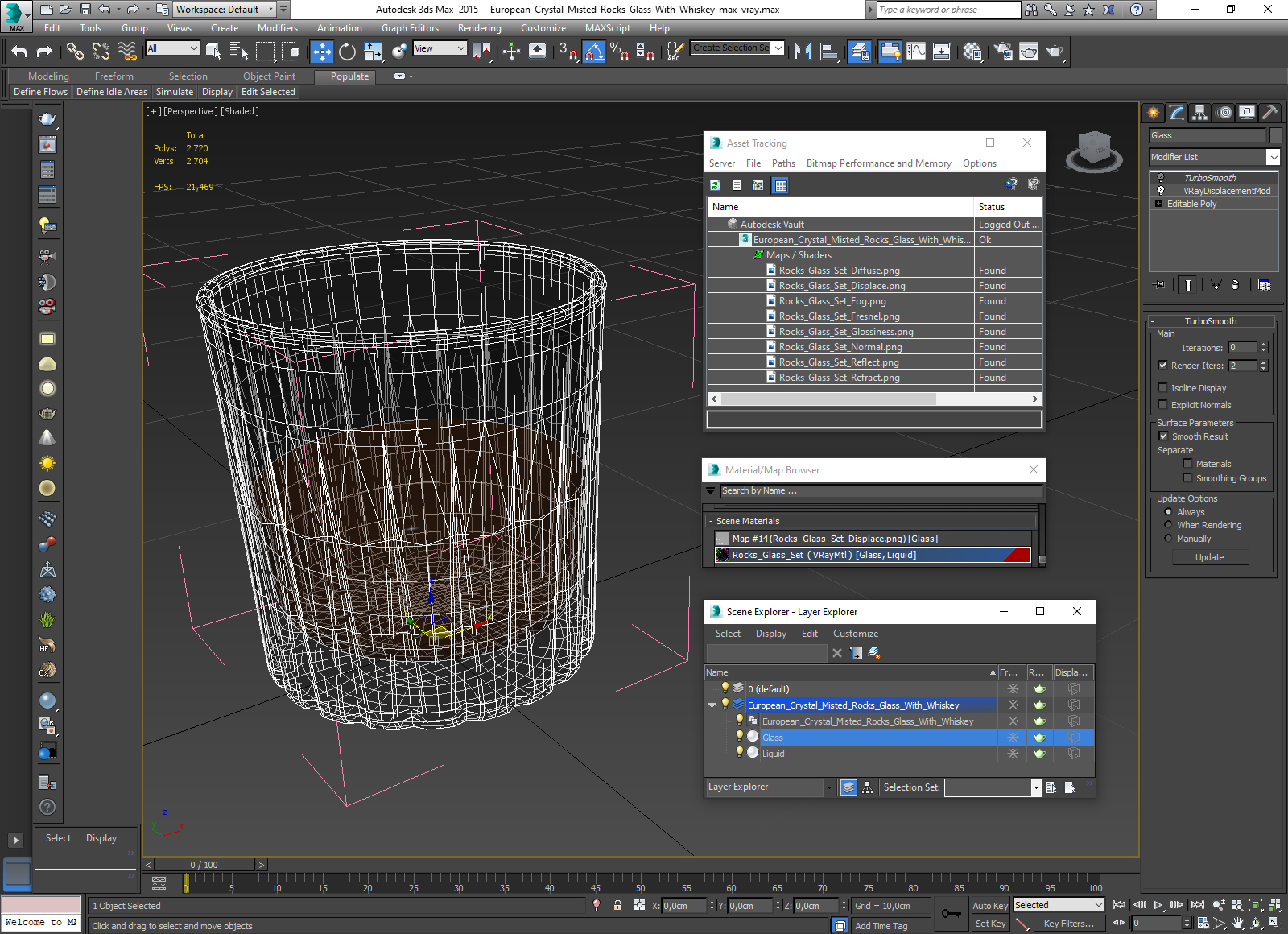 3D European Crystal Misted Rocks Glass With Whiskey model