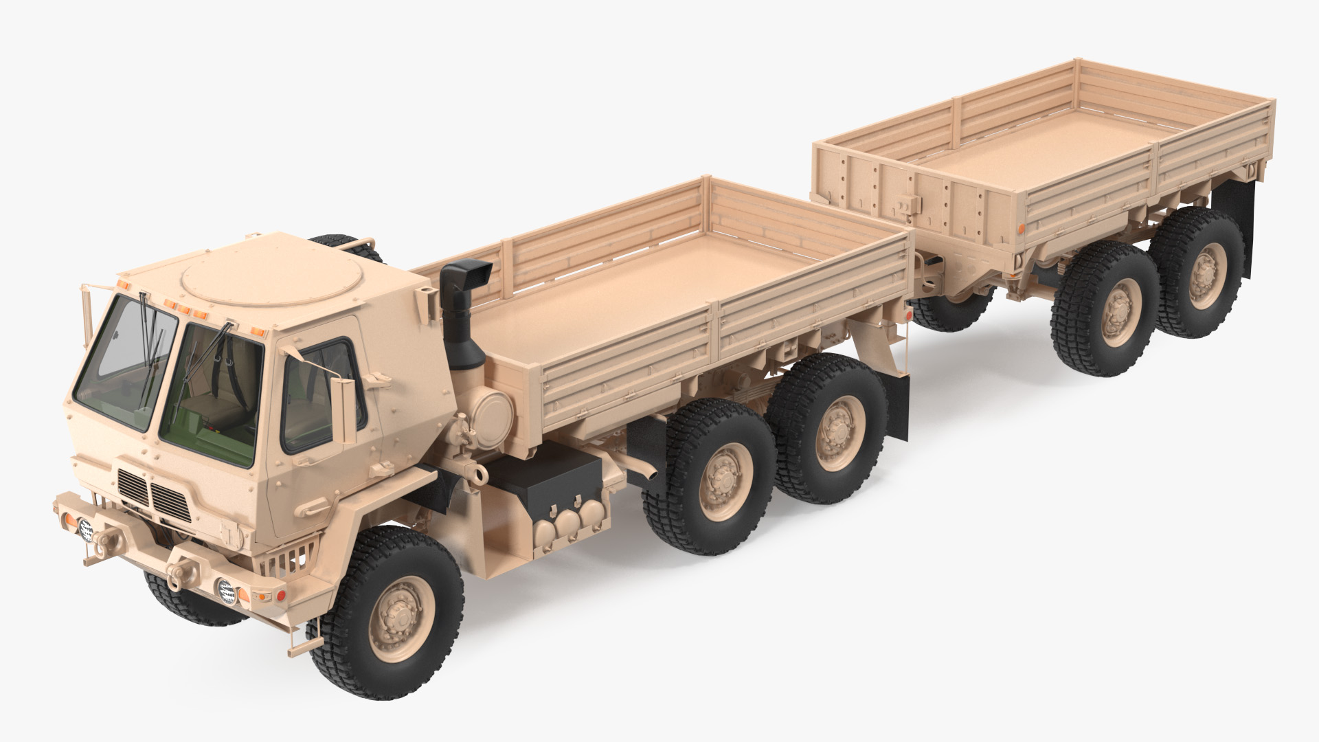 Oshkosh FMTV Cargo Truck 6x6 with Drop Side Trailer M1092 Sand 3D