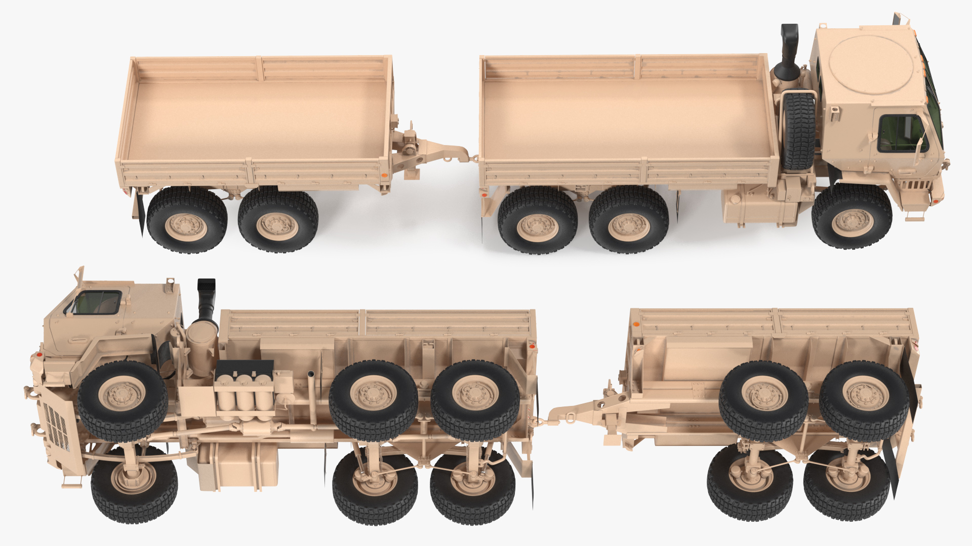 Oshkosh FMTV Cargo Truck 6x6 with Drop Side Trailer M1092 Sand 3D